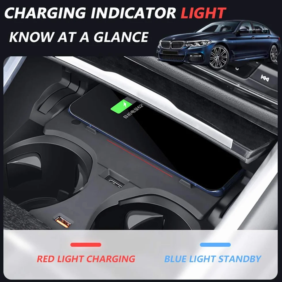 Bezprzewodowa ładowarka samochodowa do BMW serii 5 2018 2019 2020 2021 panel akcesoriów konsoli środkowej, 15 W Qi szybka ładowarka do telefonu z QC3.0 USB do iPhone 12/11/XS/X/8 Samsung