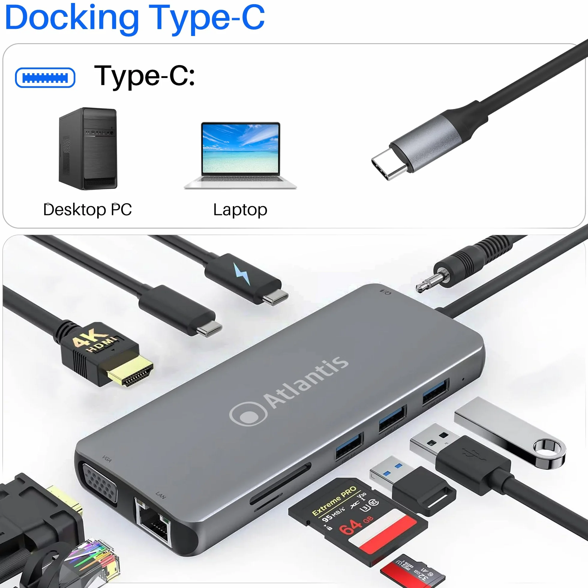 ATLANTIS A04-TC_DK46 Docking Station USB C (Type C) do HDMI 4K, VGA, Ethernet RJ45 Gigabit, 3 USB 3.0, 1 USB C, 1 PD-85W, 1 Audio IN/OUT 3.5mm, czytnik kart. Kabel 18 cm. Kompatybilny ze wszystkimi