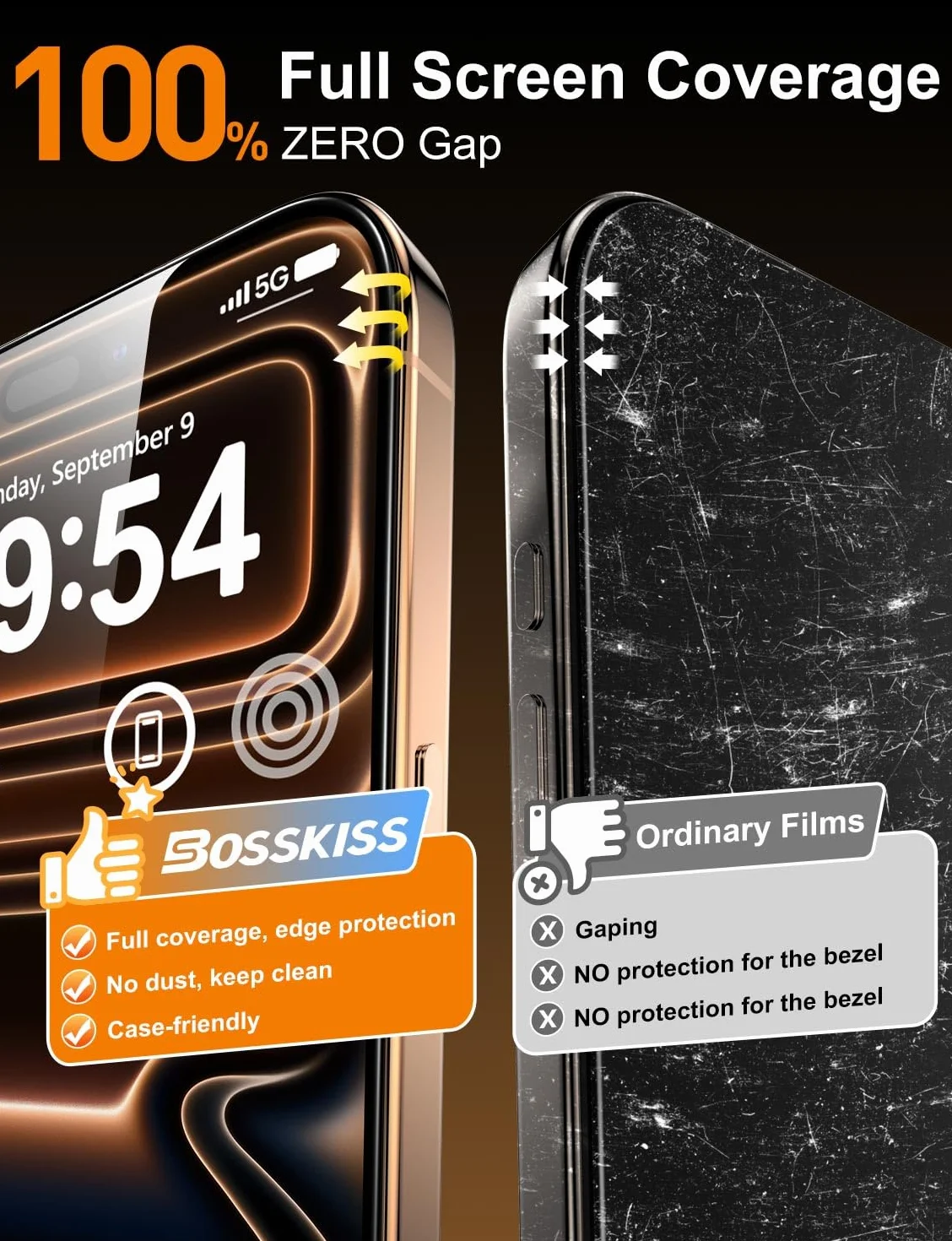 BossKiss Ochraniacz ekranu do iPhone'a 17 Pro 2-pak | 9H + szkło hartowane | 30 cm klasy wojskowej nietłukące się | pełne pokrycie | bez pęcherzyków powietrza | odporne na zarysowania | automatyczna