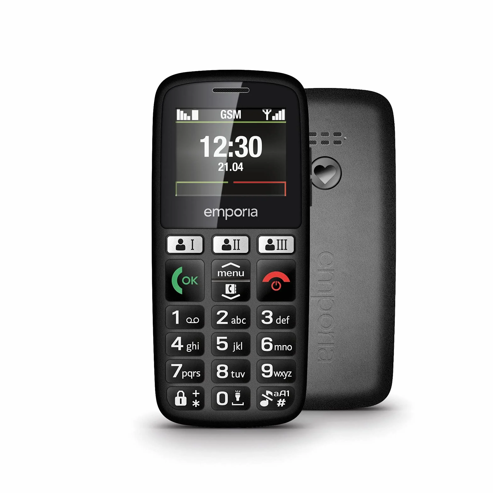 Emporia Happy Starszy telefon komórkowy, wysokiej jakości, wytrzymały telefon, kolorowy wyświetlacz, Bluetooth, 3 szybkie przyciski, duże podświetlane przyciski, stacja ładowania, czarny (Włochy)