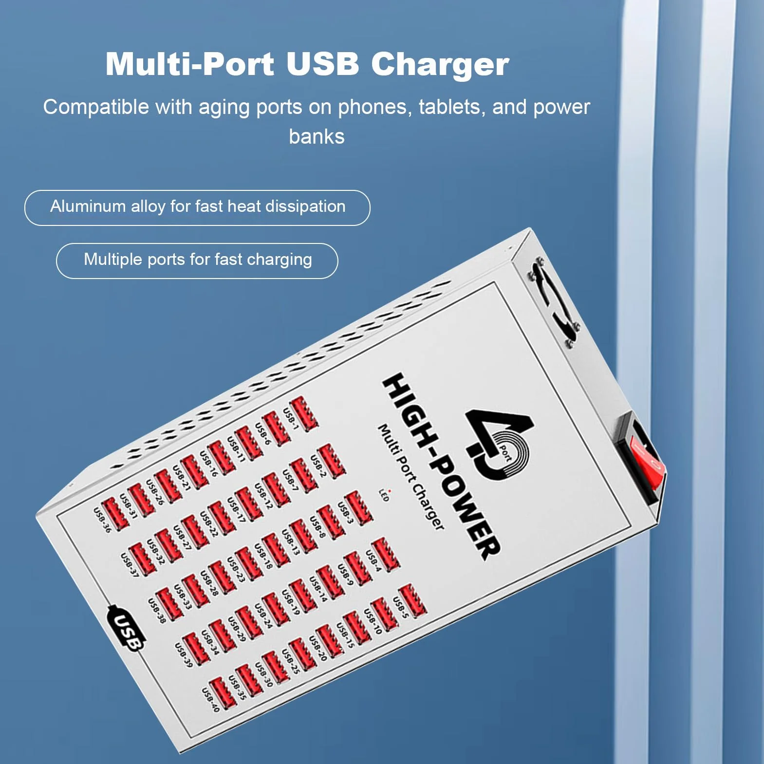 Cryfokt 40-portowa Stacja ładująca USB Wydajne, Szybkie ładowanie Wielu urządzeń w Domu/biurze/szkole, Przenośna ładowarka Biurkowa z metalową obudową (Wtyczka UE 220-250 V)