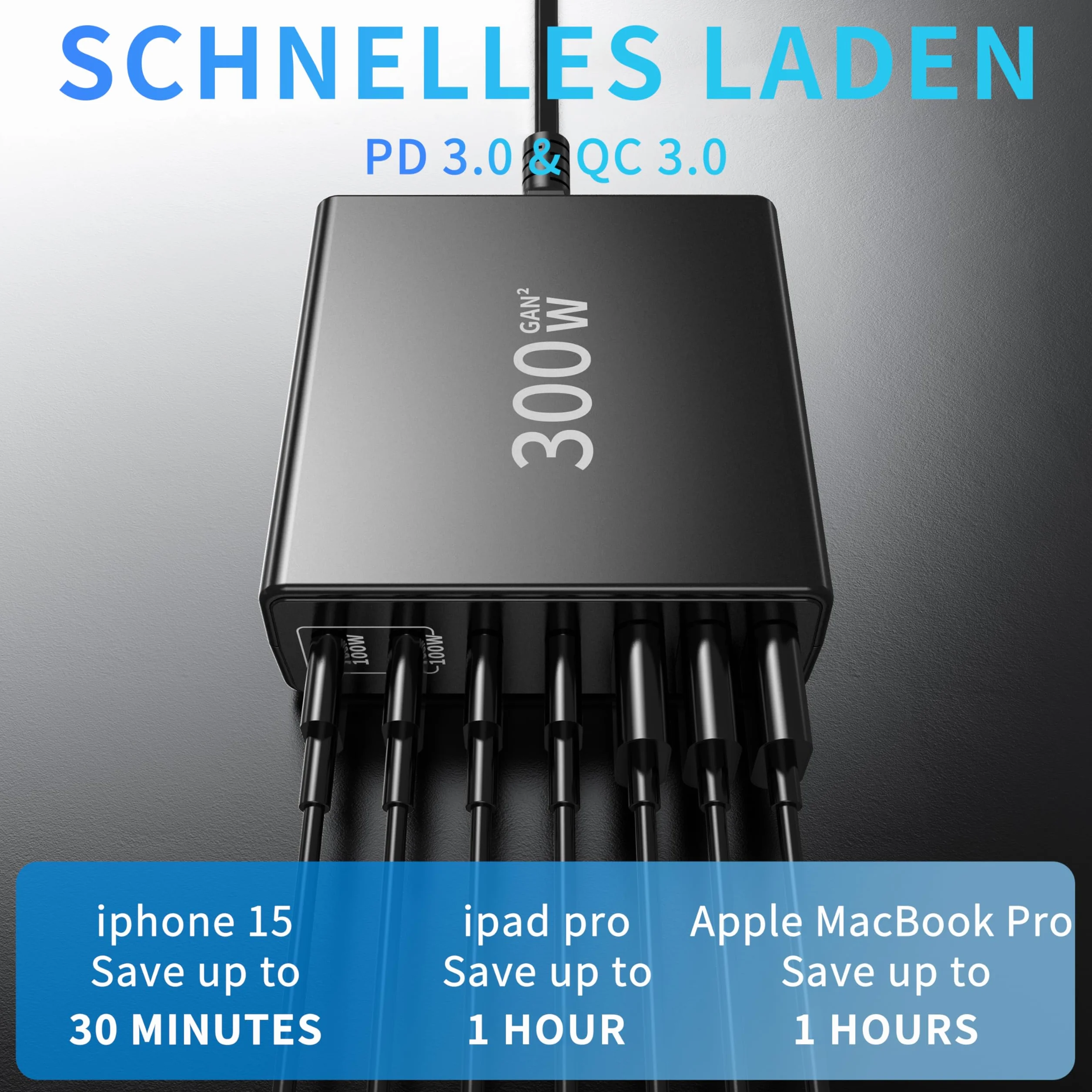 FINIBŁADOWARKA C: 300W 7-portowa szybka ładowarka usb z 4 portami USB-C i 3 portami A, dual-PD PPS