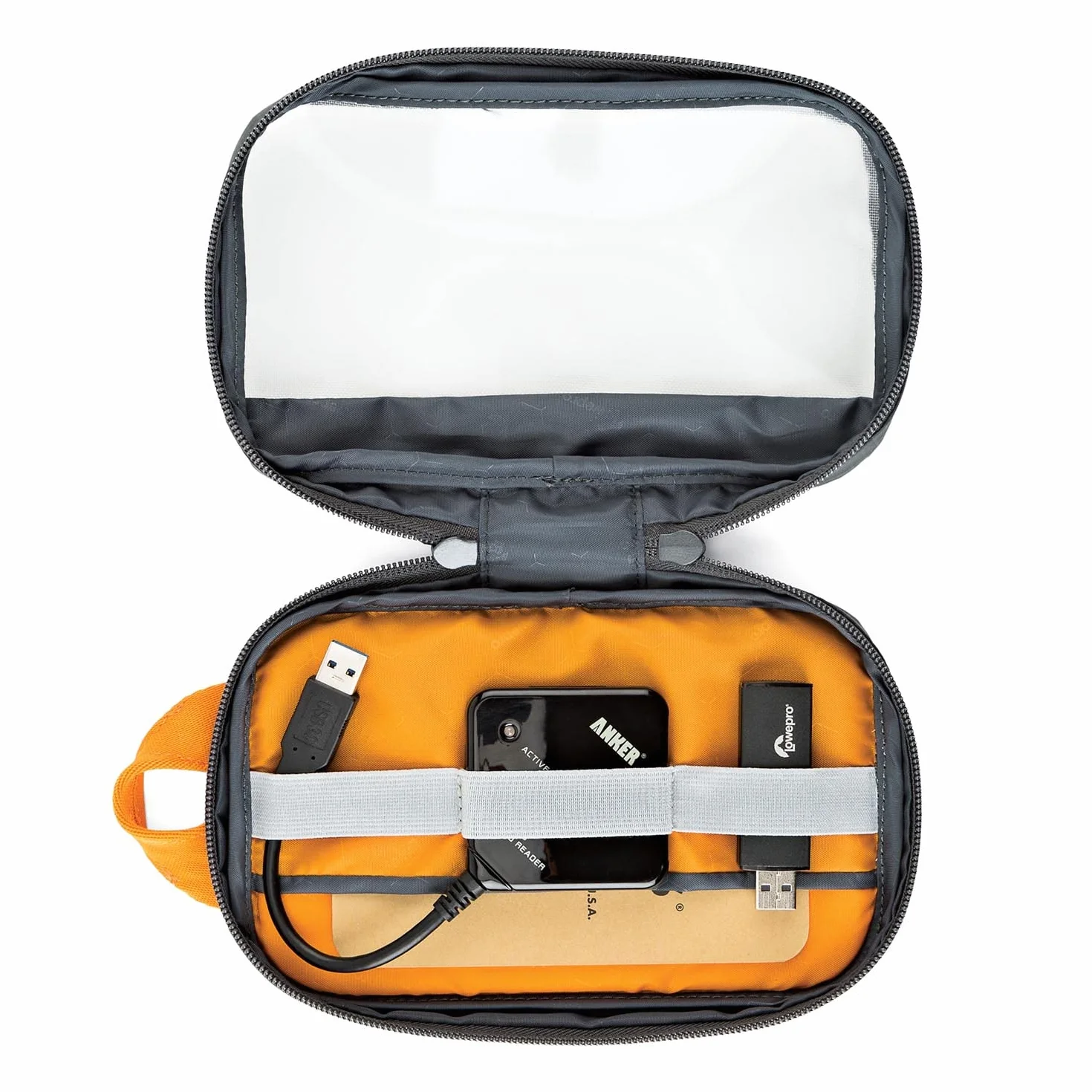 Lowepro GearUp Pouch Mini, etui podróżne na kable telefoniczne, kable, adaptery, baterie, ładowarki i pamięci USB, etui na akcesoria do smartfona, wykonane z tkaniny z recyklingu, szare