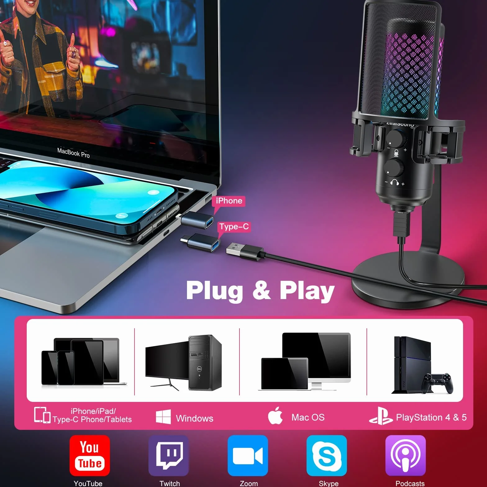 zealsound Mikrofon do gier, mikrofon pojemnościowy RGB USB do PS4 i 5, PC SMARTFOE, z adapterem Lightning i typu C, filtr pop, pokrętło wzmocnienia do podcastów, strumieniowania, nagrywania, konstrukcji w całości metalowej, BKD12A