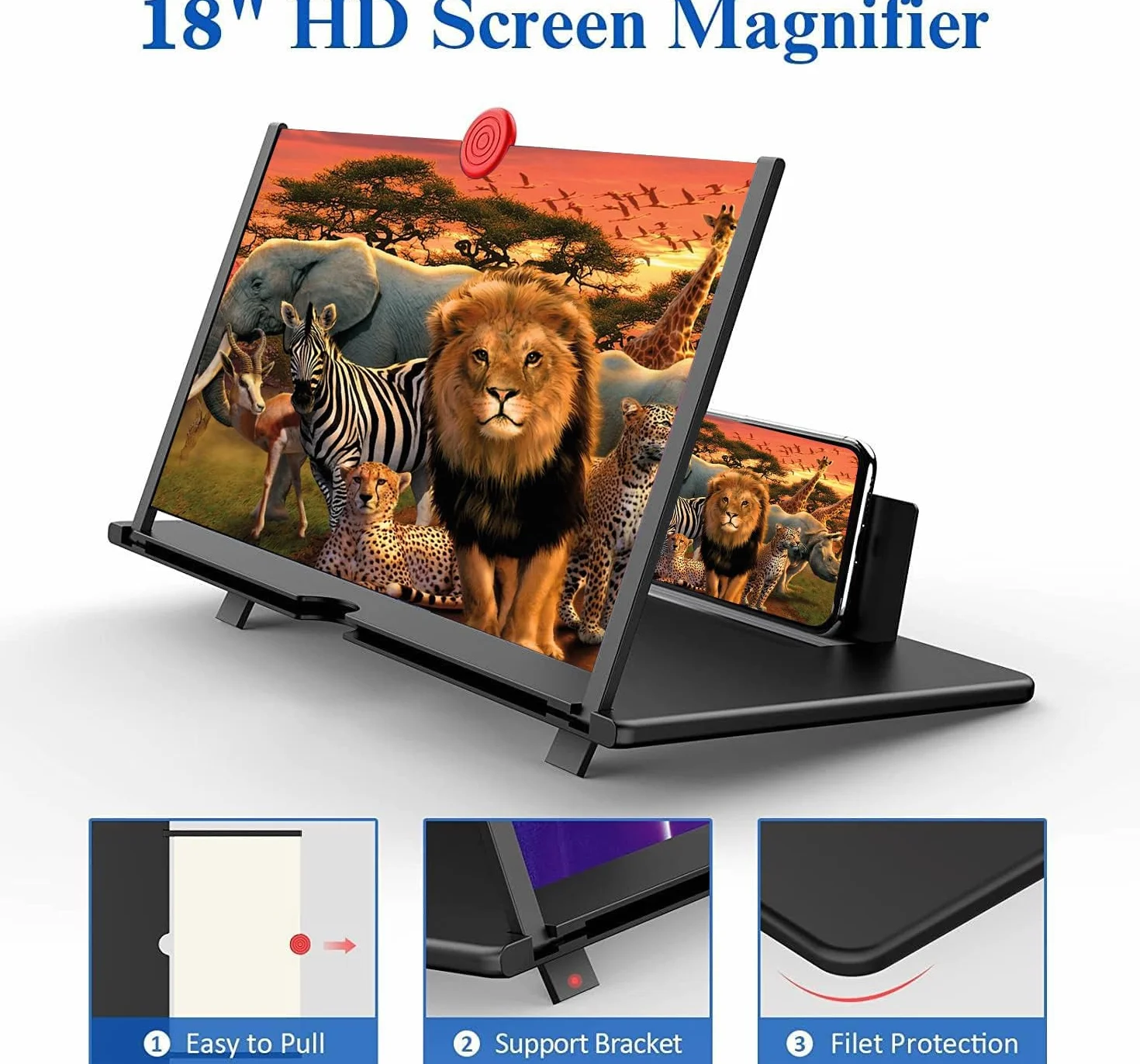 Lupa ekranu 45.7 cm, powiększająca ekran 3D HD, projektor powiększający ekran do filmów, filmów i gier, składany stojak na telefon ze wzmacniaczem ekranu, kompatybilny ze wszystkimi smartfonami