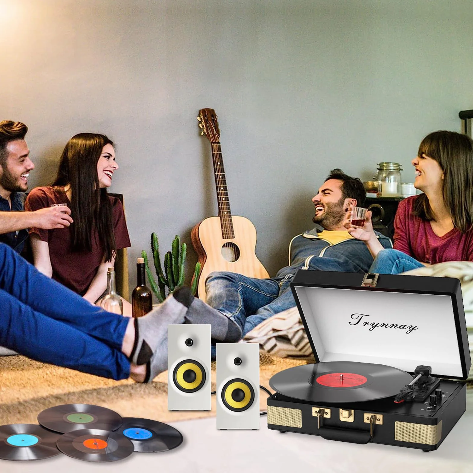 Trynnay Gramofon, 3-biegowy Bluetooth, przenośny odtwarzacz winylowy z wbudowanymi głośnikami, gramofon, ulepszony dźwięk audio, skóra PU, czarny vintage