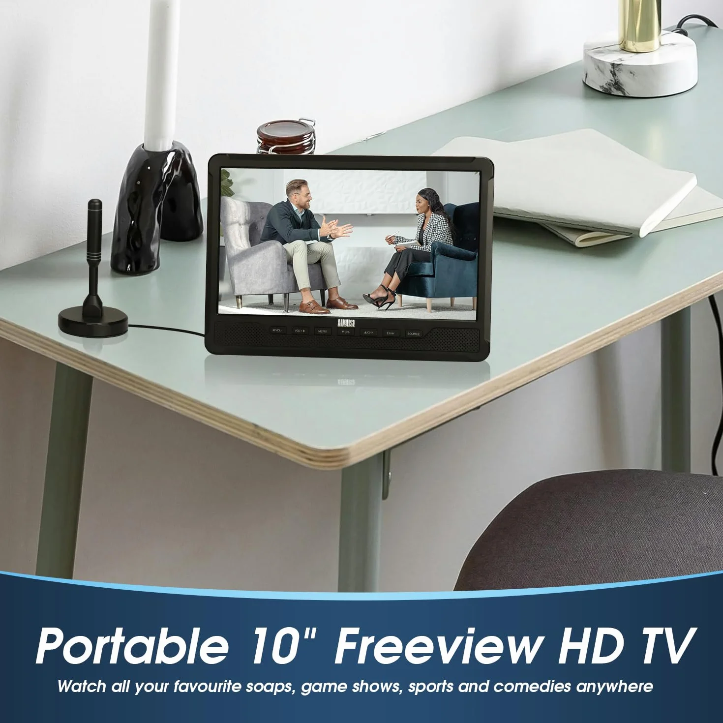August DA383-10'' przenośny telewizor z wbudowanym odtwarzaczem DVD-nagrywanie programów telewizji HD DVB-T2,wbudowana bateria,CD/DVD/USB/karty SD,HDMI,idealny w przyczepie kempingowej i w domu