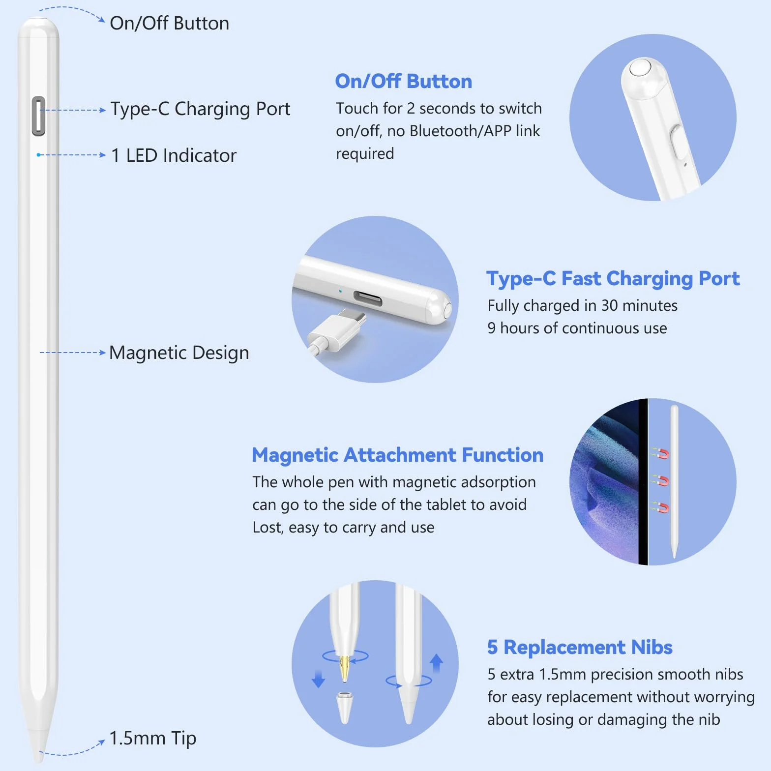 KISSLEAF Uniwersalny rysik do wszystkich tabletów i telefonów z systemem Android, Samsung, Lenovo, Huawei XiaoMi Vivo, z 5 końcówkami, końcówka 1,5 mm, szybkie ładowanie 30 min adsorpcja magnetyczna