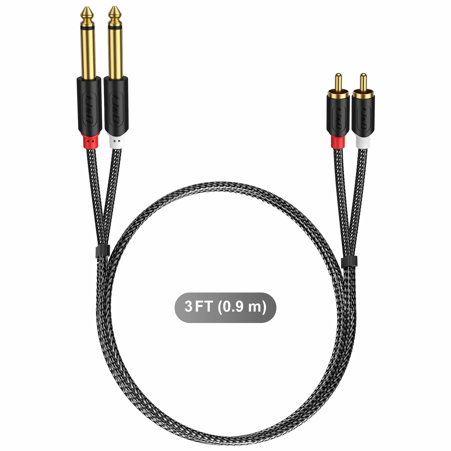 J&D 2 x kabel 6,35 mm do 2RCA, pozłacany [seria AudioWave] 2 x 6,35 mm 1/4" męski TS do 2 RCA, męski adapter audio, kabel rozdzielający Y z powłoką PCW i nylonową plecionką - 0,9 m