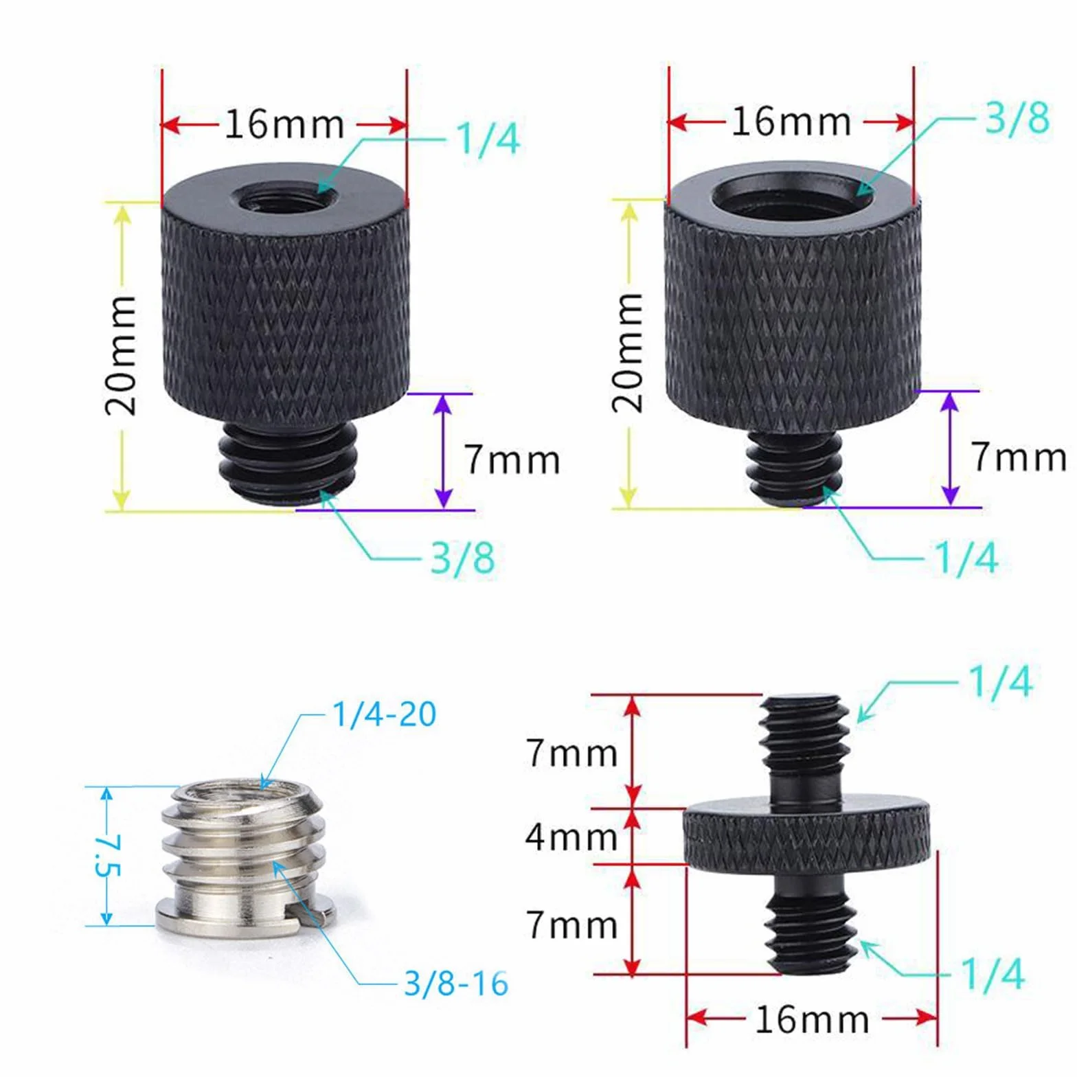 NIYATA Adapter gwintu stojaka 1/4 do 3/8 cala - Śruby adaptera do aparatu i mikrofonowego stojaka