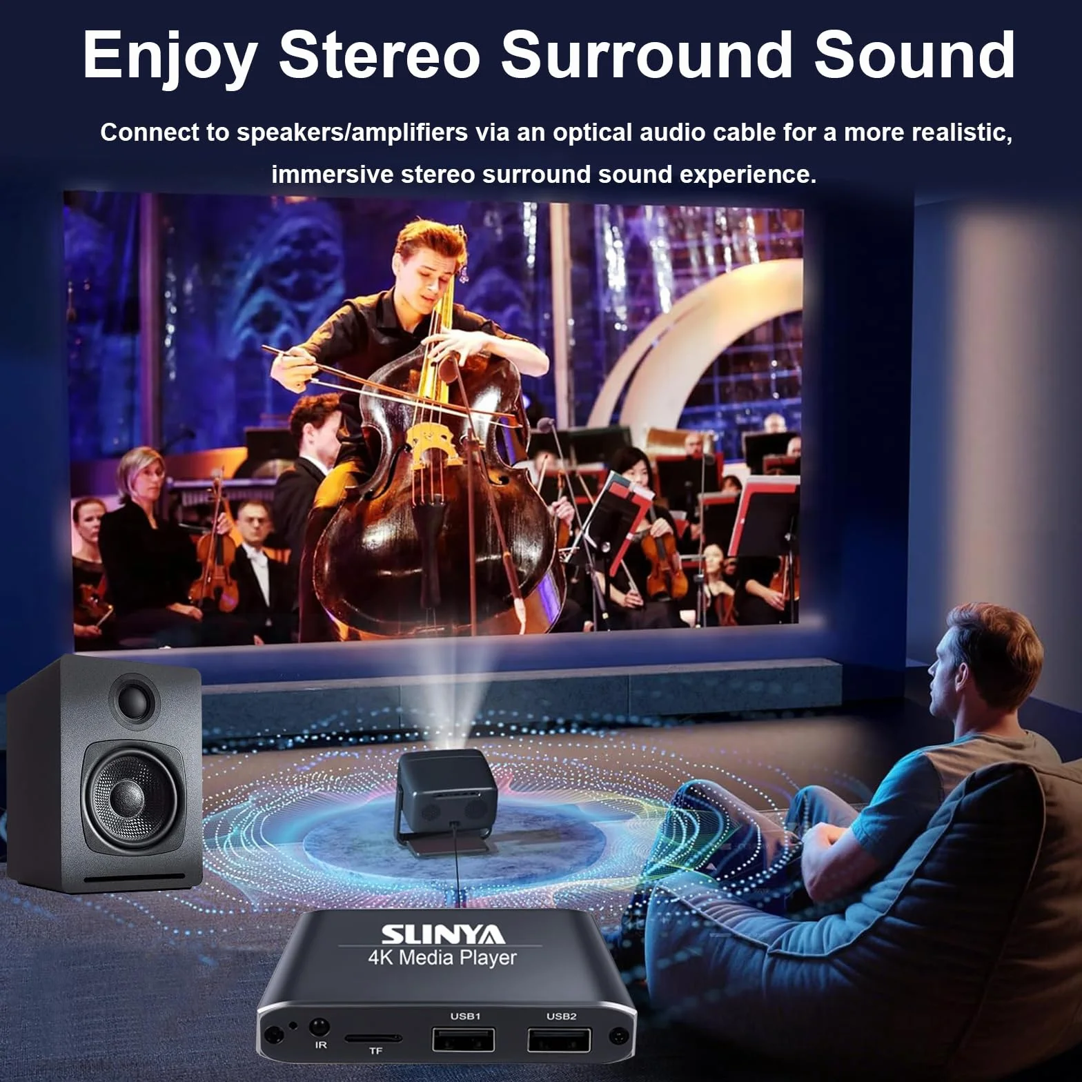 Cyfrowy odtwarzacz multimedialny 4K Ultra HD z pilotem zdalnego sterowania, obsługuje HDD/USB/Micro SD (TF), H.265/HEVC/H.264, MKV/MP4/AVI/PPT, MP3/JPG, HDMI/AV/optyczny, Auto Play