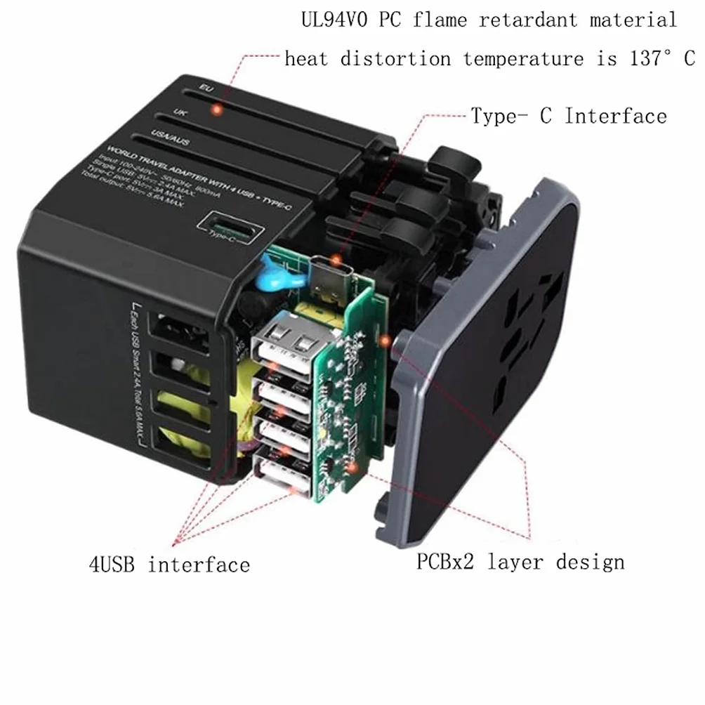 Międzynarodowy konwerter wtyczki, wielofunkcyjny konwerter adaptera na całym świecie, międzynarodowa zasilacz z 4 Usb. (Color : A)