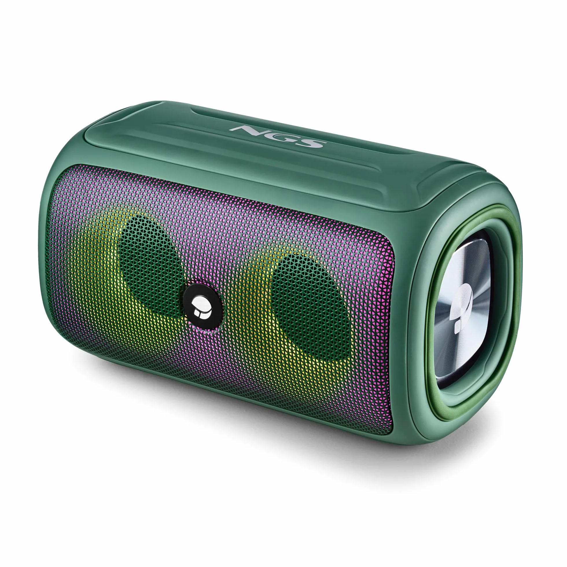 NGS ROLLER BEAST GREEN - Potężny przenośny głośnik o mocy 32 W, kompatybilny z technologią Bluetooth 5.0 i technologią TWA, z oświetleniem RGB, odporny na wodę i pył zgodnie z normą IPX5, z mikrofonem, funkcją hands-free, do 40 h pracy, kolor zielony.