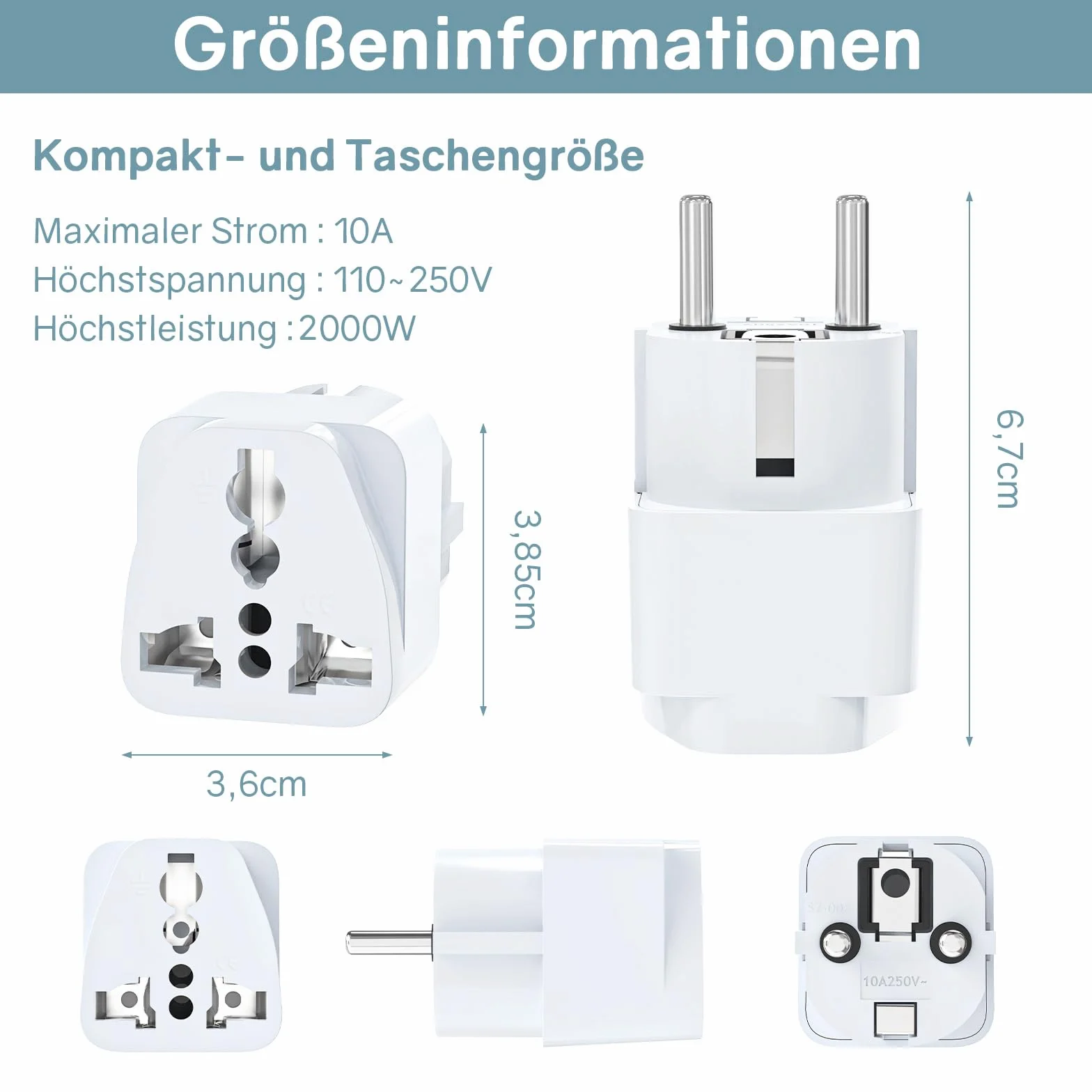 VIEVRE 4 adaptery podróżne, adapter Chiny wtyczka Niemiec, uniwersalny adapter UE do USA, UK, Tajlandii, Szwajcarii, Chin, Włoch, itd., biały