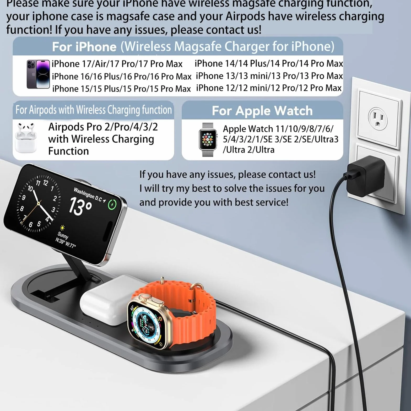 3 w 1 bezprzewodowa ładowarka do iPhone'a składana stacja ładująca Magsafe dla iPhone 15/14/13/12/Pro Max/Pro/Mini/Plus, do Apple Watch 9/8/7/SE/6/5/4/3/2/1/Ultra2/Ultra, do AirPods pro/2/3