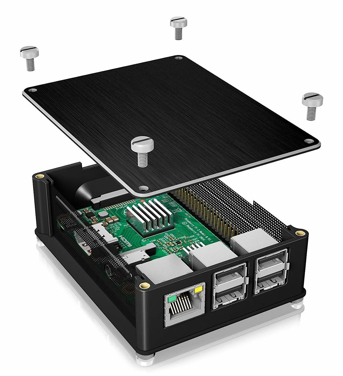 ICY BOX IB-RP102 obudowa do Raspberry Pi 2, Raspi 3 model B i Raspi 3 model B+, aluminium, 3 radiatory, przepuszczająca powietrze kratka boczna, czarna