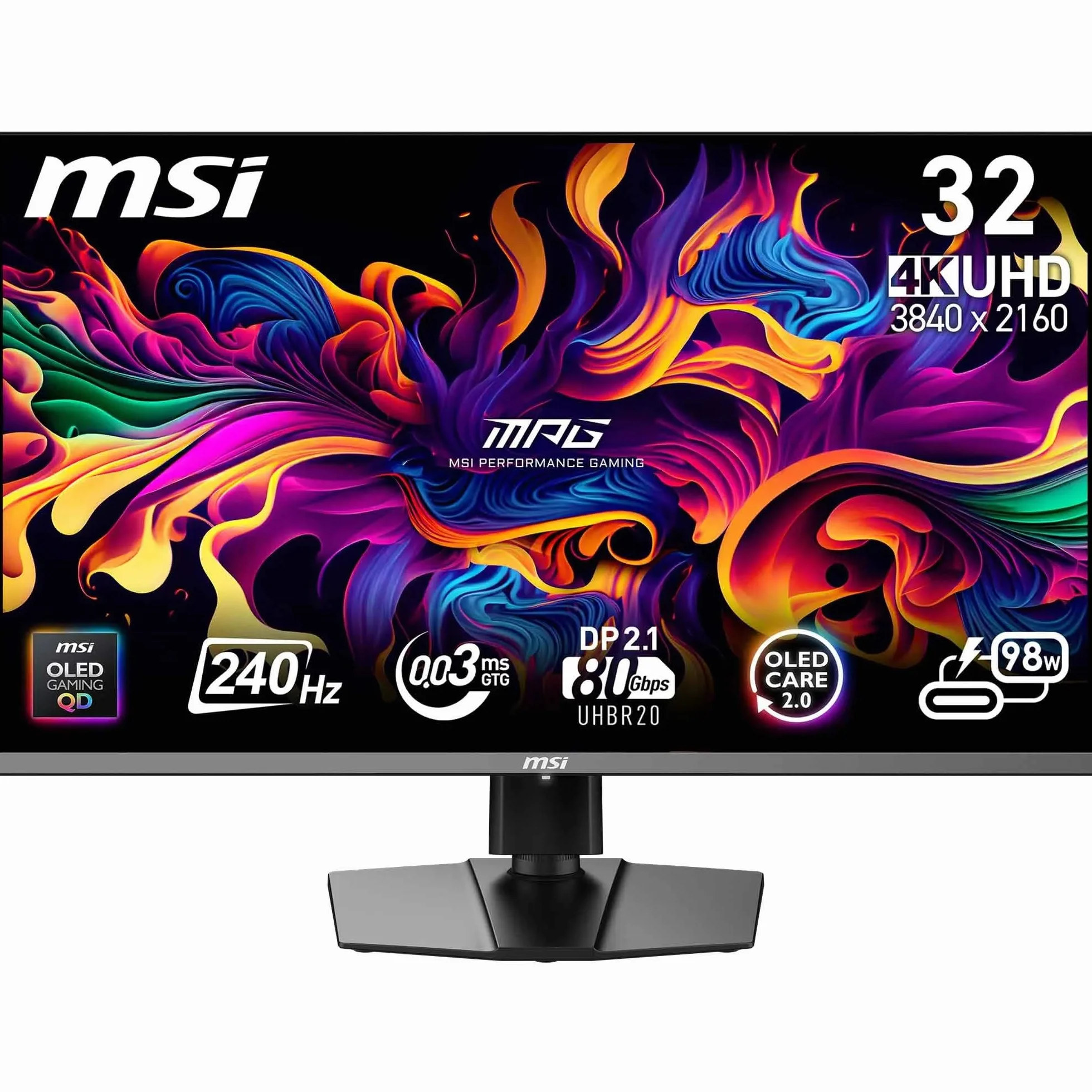 MSI, MPG 322URXDE QD-OLED, 32-calowy, 4K UHD, 3840 x 2160, monitor OLED, 240 Hz, 0,03 ms, DisplayHDR True Black 400, G-SYNC, kompatybilny z HDMI 2.1, DP 2.1a, USB C (98 W PD), regulacja wysokości