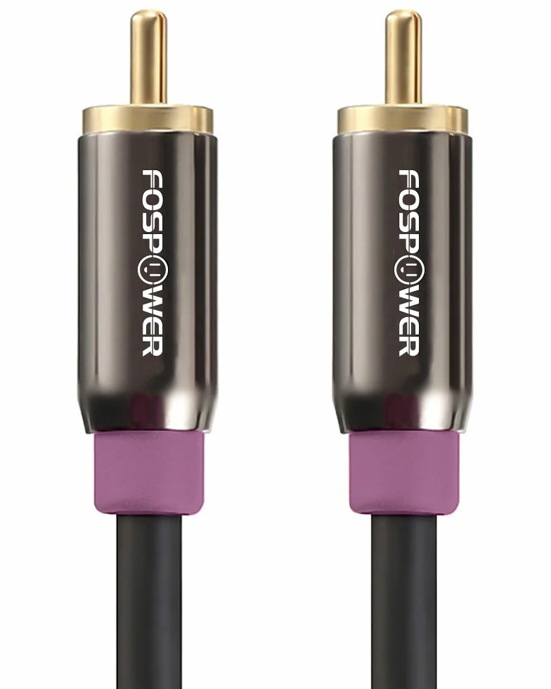 FosPower Kabel subwoofera (3,0 m), pozłacany 24-karatowym złotem, podwójnie ekranowany, złącze kabla audio subwoofera RCA do dźwięku przestrzennego/Dolby Digital/DTS, męski na męski