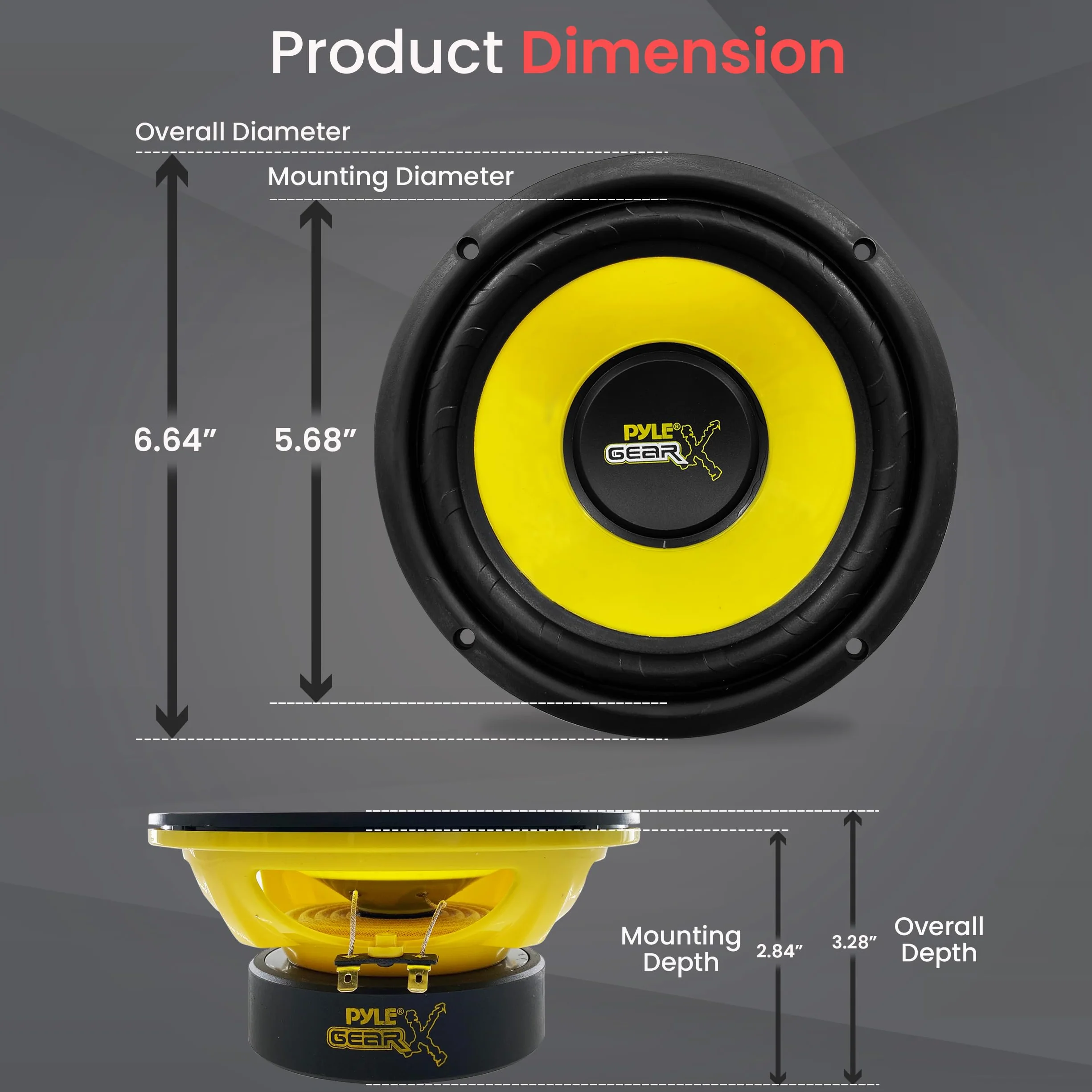 Pyle Subwoofer samochodowy 16,5 cm - moc szczytowa 300 W, subwoofer samochodowy, impedancja 4 Ohm i częstotliwość przenoszenia 60-20 kHz dla elementu samochodowego stereo - czarny/żółty