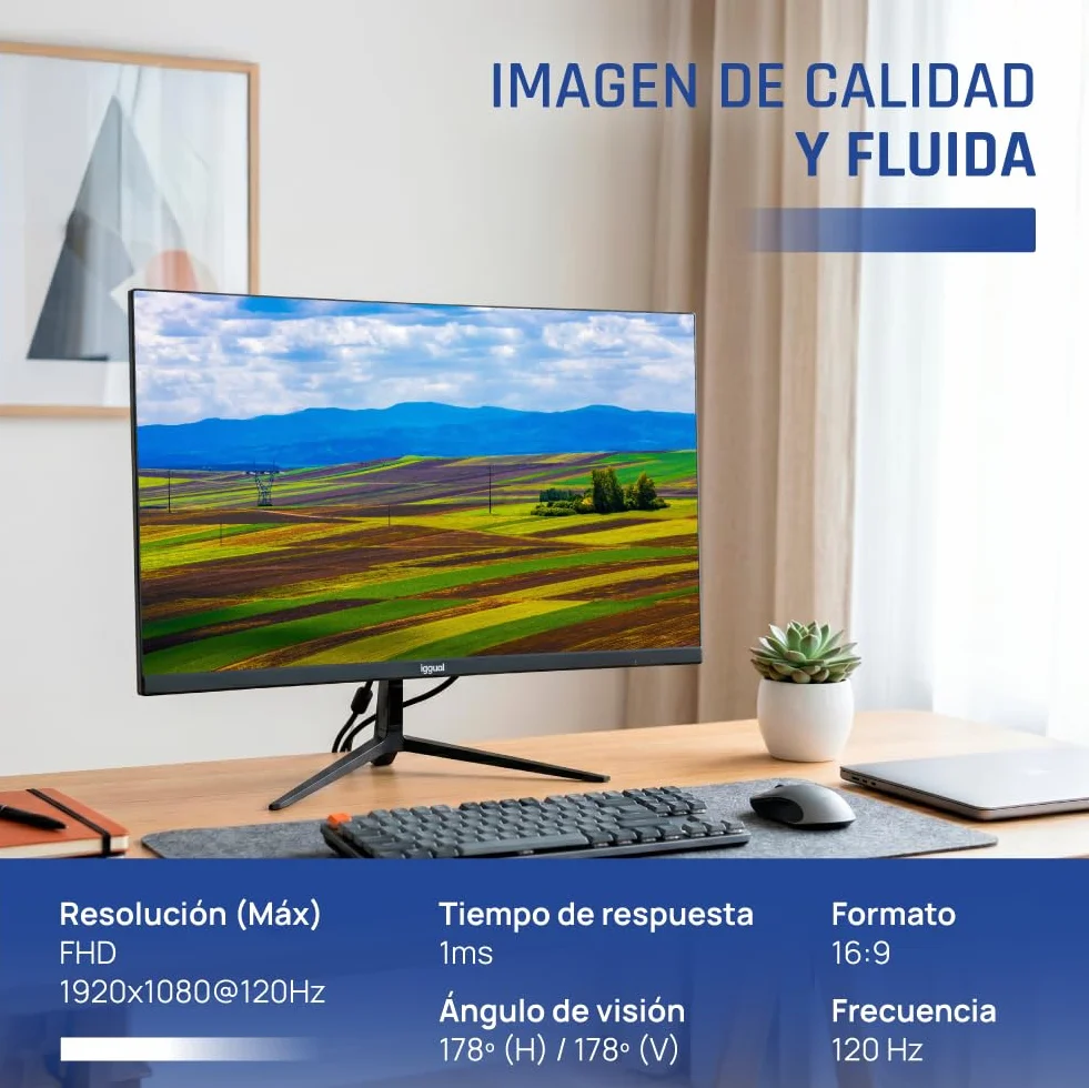 iggual Profesjonalny monitor 23,8" z wbudowanymi głośnikami- Panel IPS(1920x1080)@120Hz (FHD)-odpowiedź 1ms- Bezramowy ekran 99% sRGB-Połączenia: VGA i HDMI-Flicker Free-Compatible VESA -Czarny