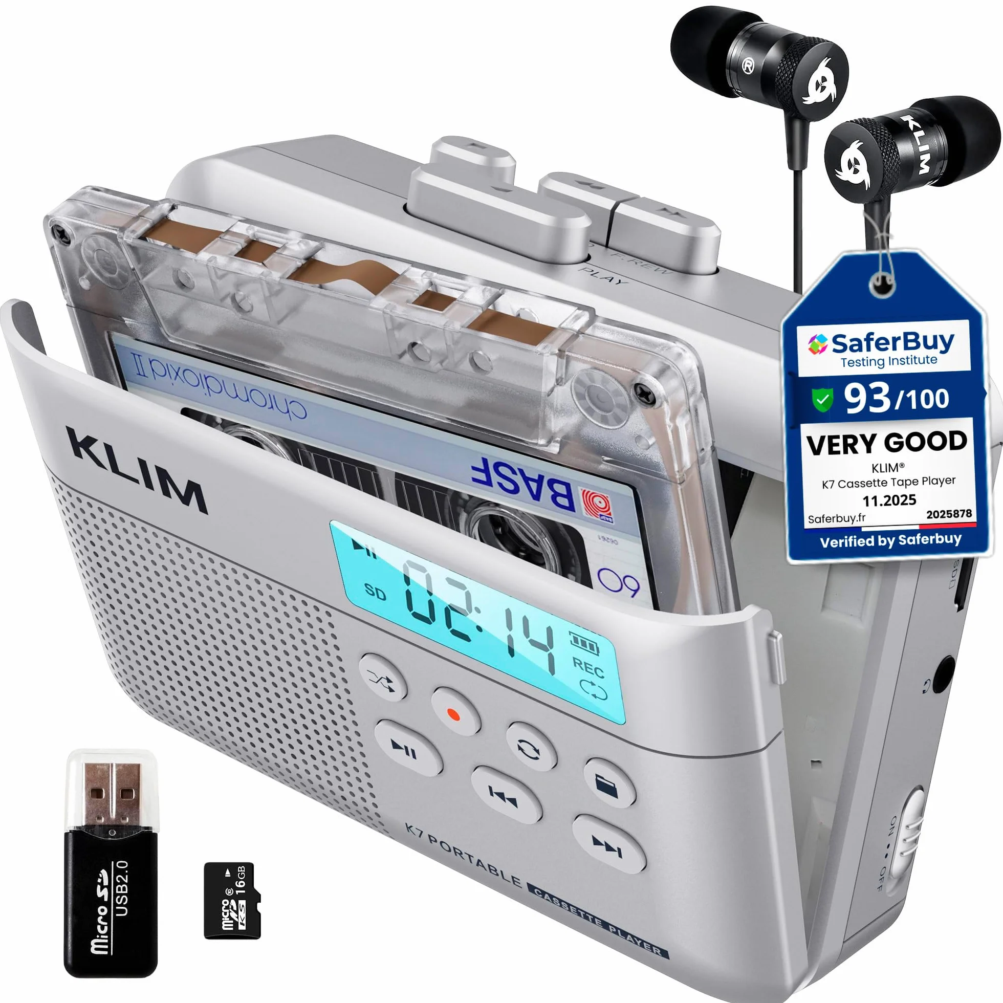KLIM K7 Magnetofon kasetowy - konwerter kasety na MP3 - przenośny - wbudowany mikrofon i głośnik - akumulator - słuchawki - karta SD 16 GB - srebrny