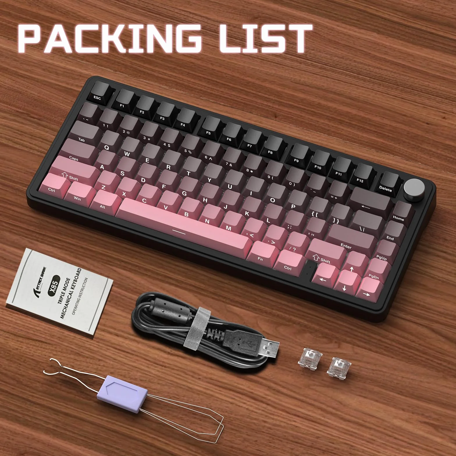 ATTACK SHARK X85 Uszczelka Klawiatura mechaniczna z pokrętłem, bezprzewodowa klawiatura do gier w trybie 75% (BT5.0/2.4G/USB-C) i pięciowarstwowa wyściółka, RGB, 5000 mAh, nadruk z boku (Fioletowy)