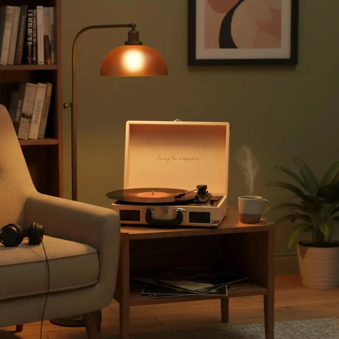 PRIXTON VC400 odtwarzacz płyt winylowych w stylu vintage, odtwarzacz winylu, odtwarzacz muzyki przez Bluetooth i USB, 2 wbudowane głośniki, konstrukcja walizki, pomarańczowy