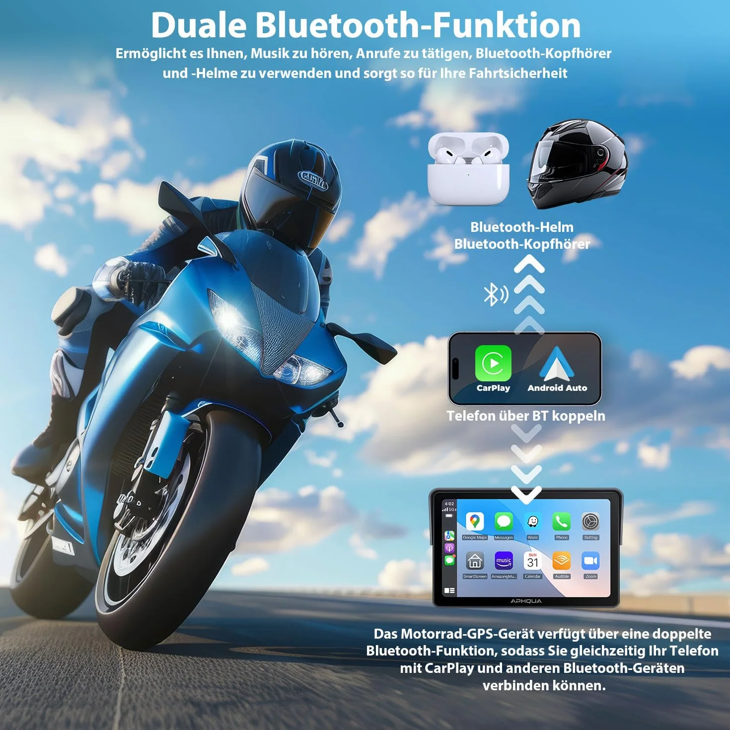 Ekran motocyklowy 7" CarPlay i Android Auto bezprzewodowy – wodoodporny ekran dotykowy IP67 do motocykli z nawigacją GPS, Bluetooth Trans, Siri, zestaw głośnomówiący – Model A722