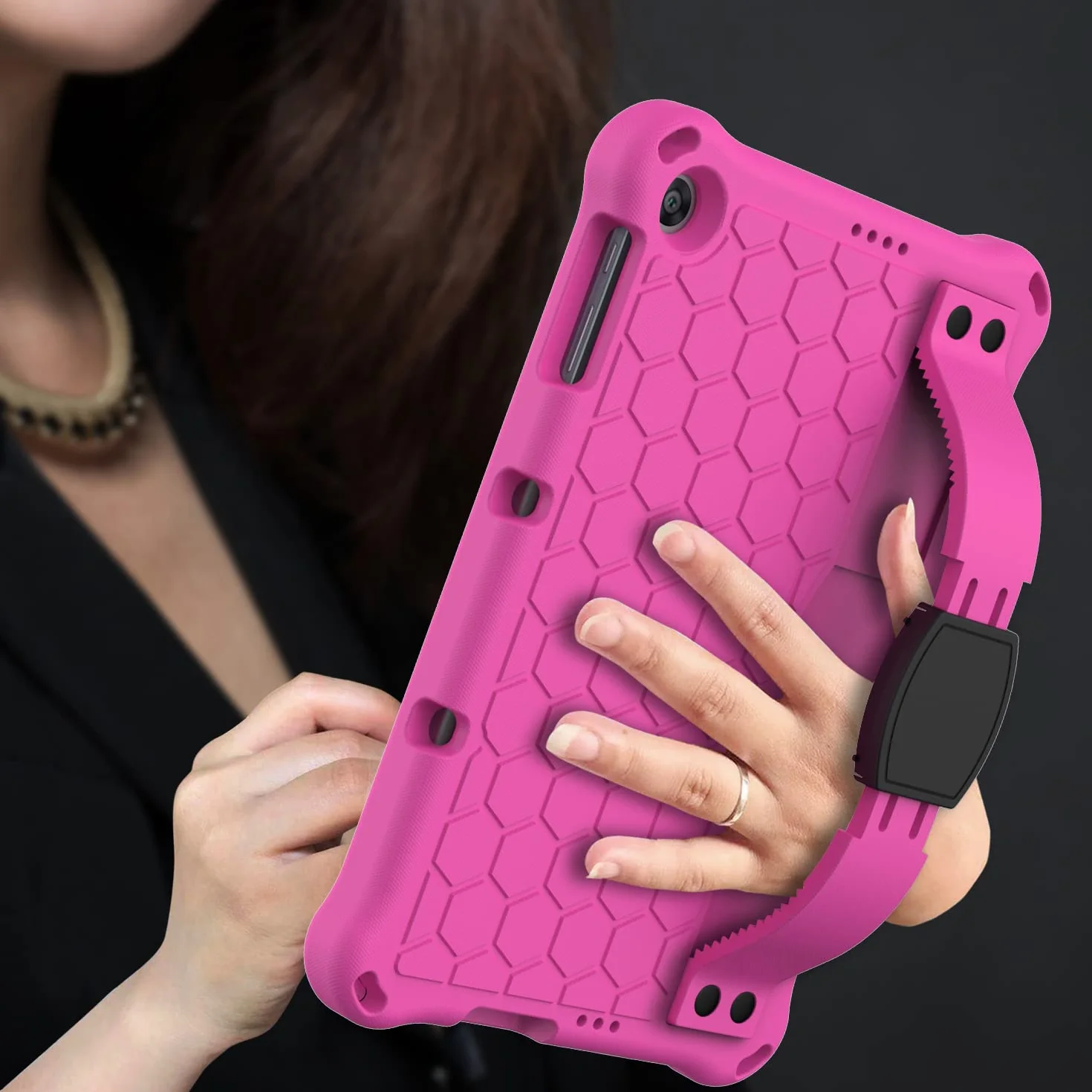 Etui ochronne do Huawei MatePad T10 9,7 cala / MatePad T10s 10,1 cala / Enjoy Tablet 2 (2020), wytrzymałe, odporne na wstrząsy silikonowe etui ochronne z uchwytem stojakiem i paskiem na ramię - różowo-czerwone + czarne