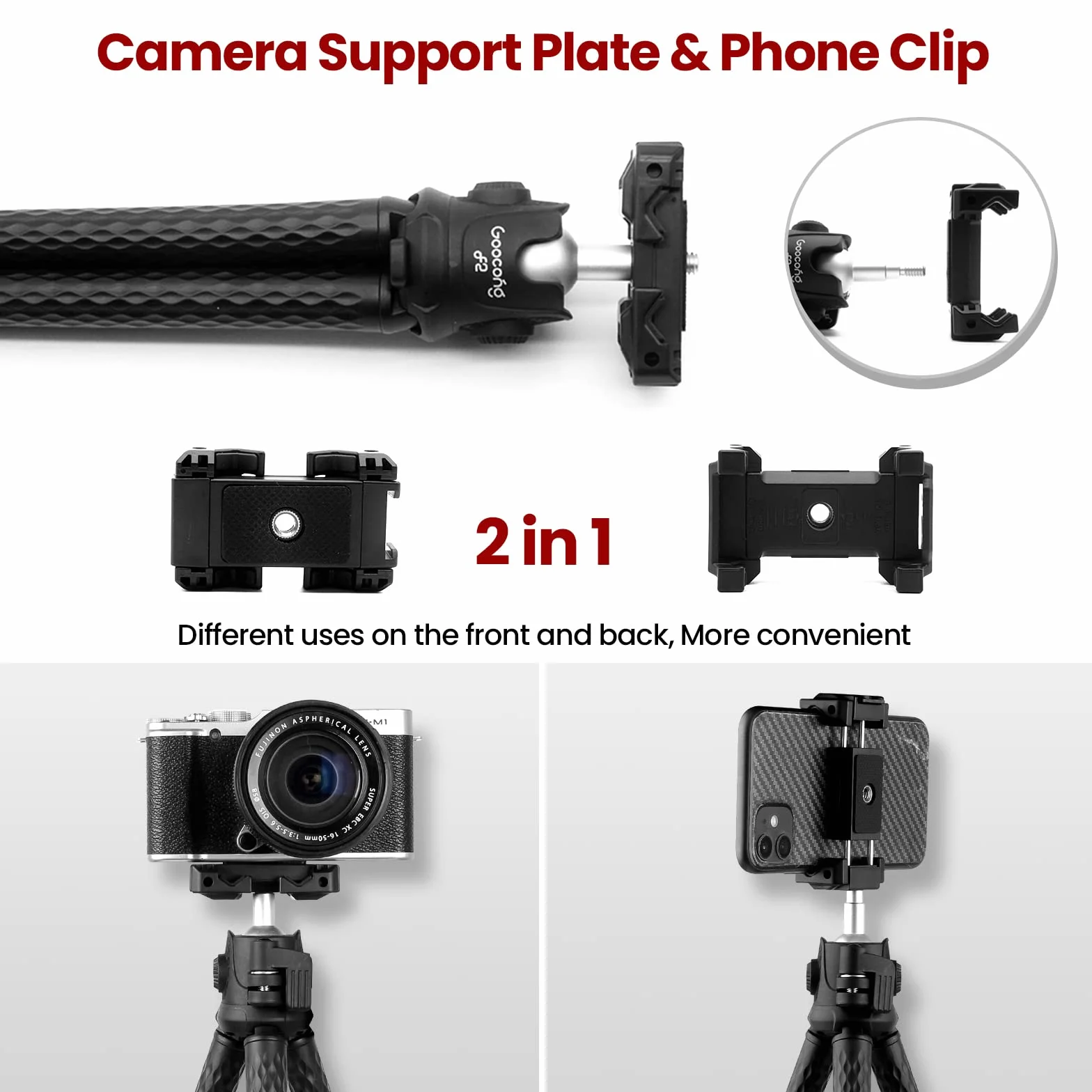 Elastyczny statyw do telefonu Goocong do smartfona, aparatu Tripod z uchwytem na telefon komórkowy obracany o 360° głowica kulowa do iPhone, Samsung Phone, Canon, Nikon