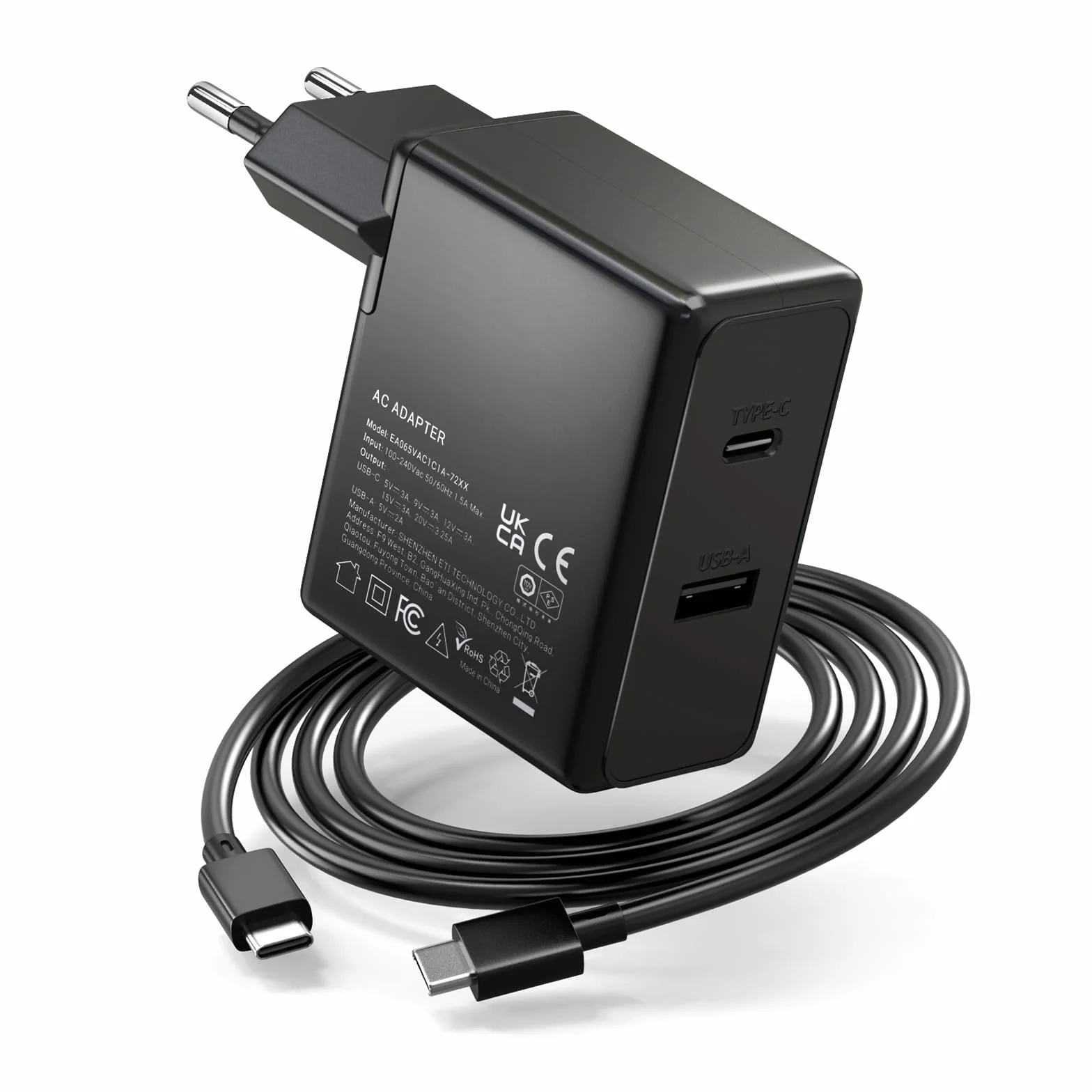 Zolt 65 W USB C zasilacz laptop ładowarka do Lenovo Thinkpad Yoga HP Spectre Dell XPS Acer Asus Chromebook Samsung MacBook Pro/Air, 5 V 2 A port USB i USB-C kabel do ładowania, maks. 75 W