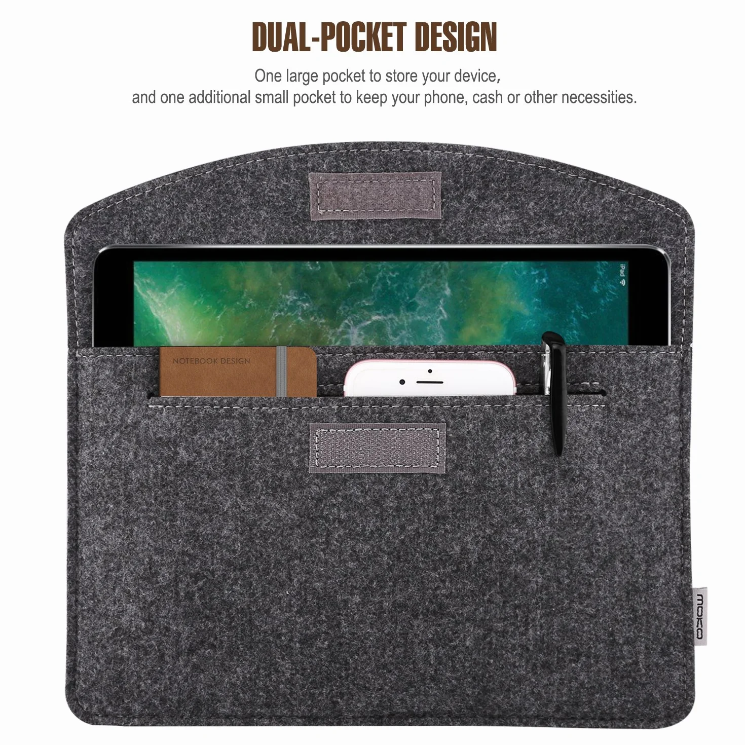 MoKo 9-11 Inch Felt Tablet Sleeve Bag Carrying Case Fits iPad Pro 11 2021/2020/2018, iPad 9th 8th 7th Generation 10.2, iPad Air 4 10.9, iPad Air 3 10.5, iPad 9.7, Galaxy Tab A 10.1 - Dark Gray
