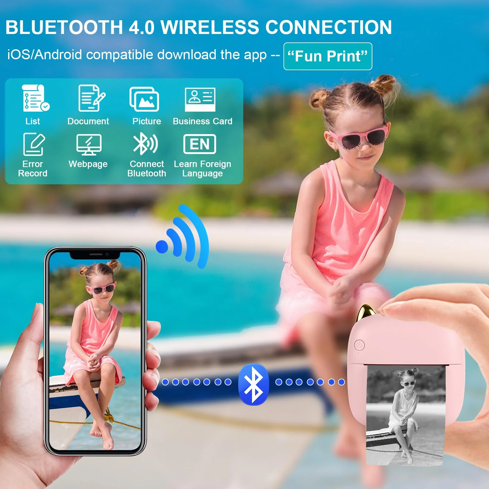 GuKKK Mini drukarka, mobilna drukarka fotograficzna, przenośna, mini drukarka fotograficzna z siedmioma kolorami LED, bezprzewodowa drukarka fotograficzna, drukarka termiczna do smartfonów, drukarka