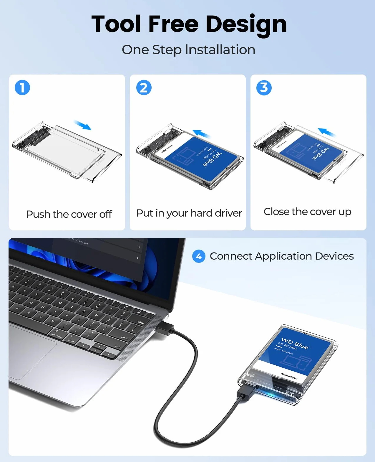 ORICO 2139U3 Obudowa dysku twardego 2,5”, USB 3.0 na SATA 3.0, zewnętrzna obudowa do SATA HDD i SSD 2,5” 7 mm i 9,5 mm, bez narzędzi, przyspieszenie UASP (kolor: przezroczysty)
