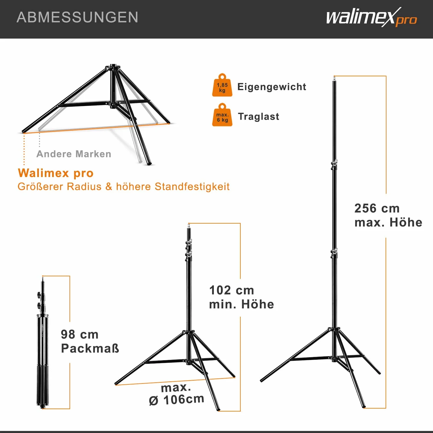 walimex Pro 2 x statyw do lampy WT-806 ze sprężynowym amortyzatorem I Max. 256 cm I stabilny statyw oświetleniowy, który może wytrzymać do 6 kg