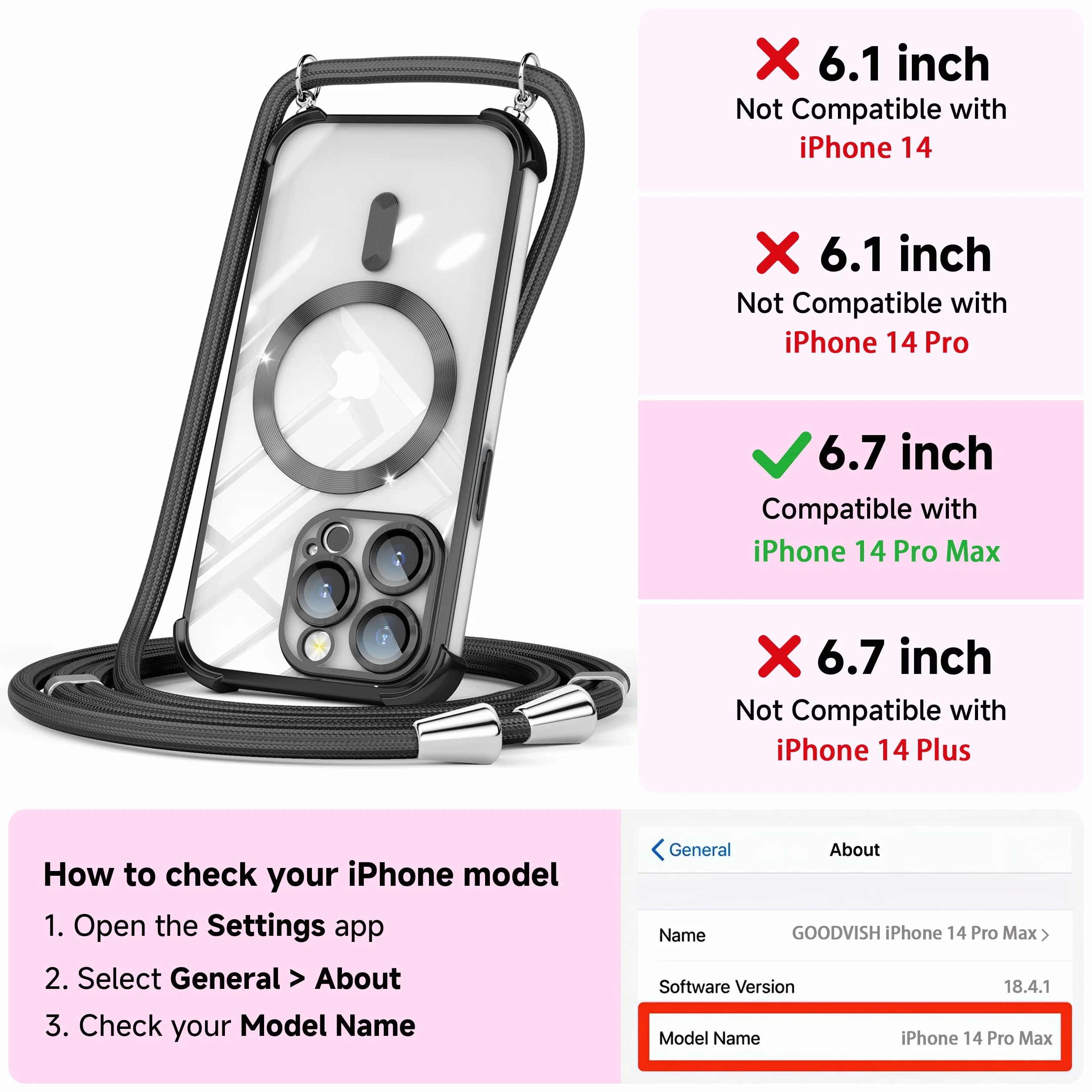 GOODVISH Etui na telefon komórkowy iPhone 14 Pro Max, z 2 sztukami folii ochronnej, etui na telefon komórkowy z łańcuszkiem do 14 Pro Max 6,7", magnetyczne, przezroczyste, delikatne etui, ochrona 360°