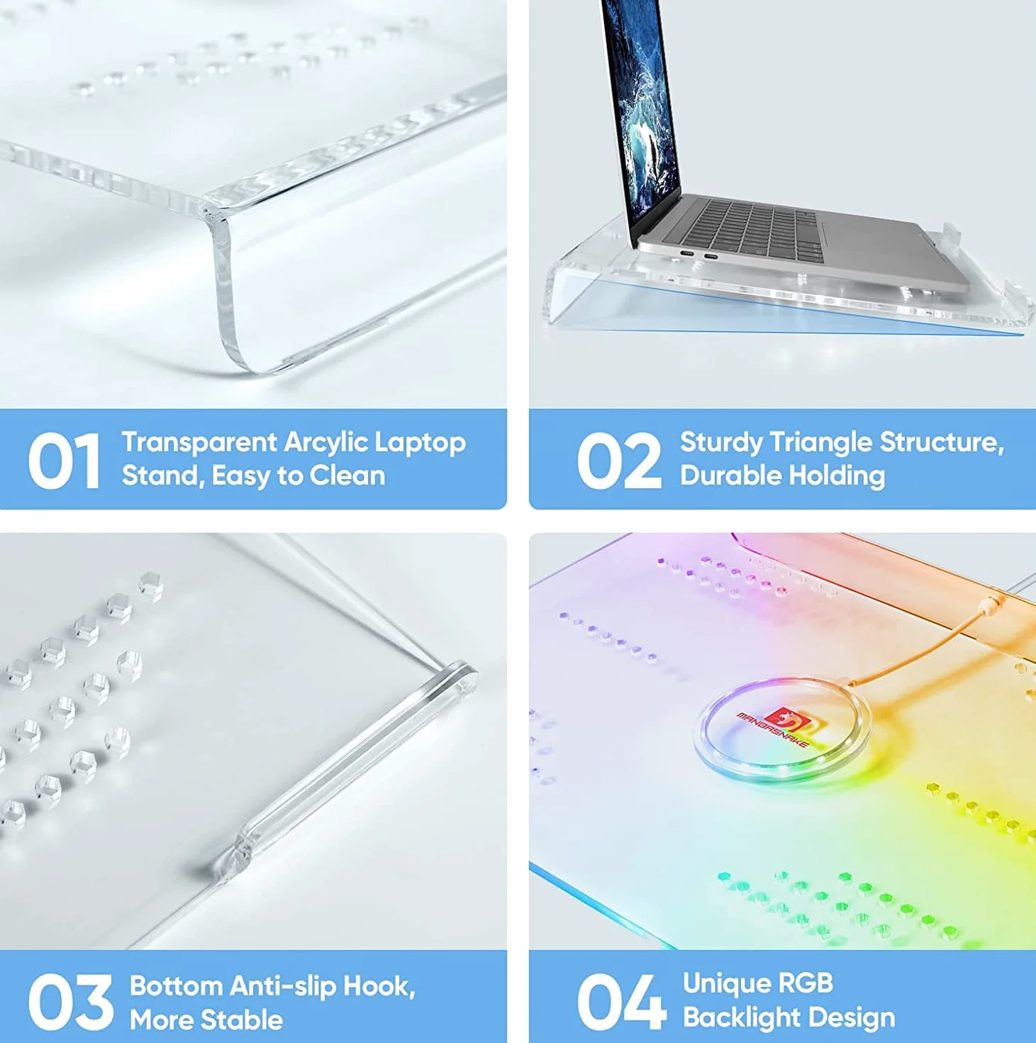 MAMBASNAKE Podpórka na laptopa na biurko, przezroczysty akrylowy stojak na laptopa, ergonomiczny stojak na komputer do laptopa, wentylowany uchwyt na notebooka, podświetlenie 366 RGB, kompatybilny z iPadem MacBookiem, od 10 do 17,3 cala, do pracy lub domu