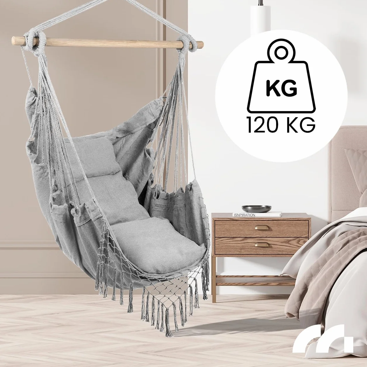 MalTec Wiszący Fotel z Poduszkiem, Krzesło Ogródowe, Huśtawka, Hamak Salonowy, na Taras, do Ogrodu, Jasnoszary, Obciążenie 120 kg, Zewnątrz i Wewnątrz