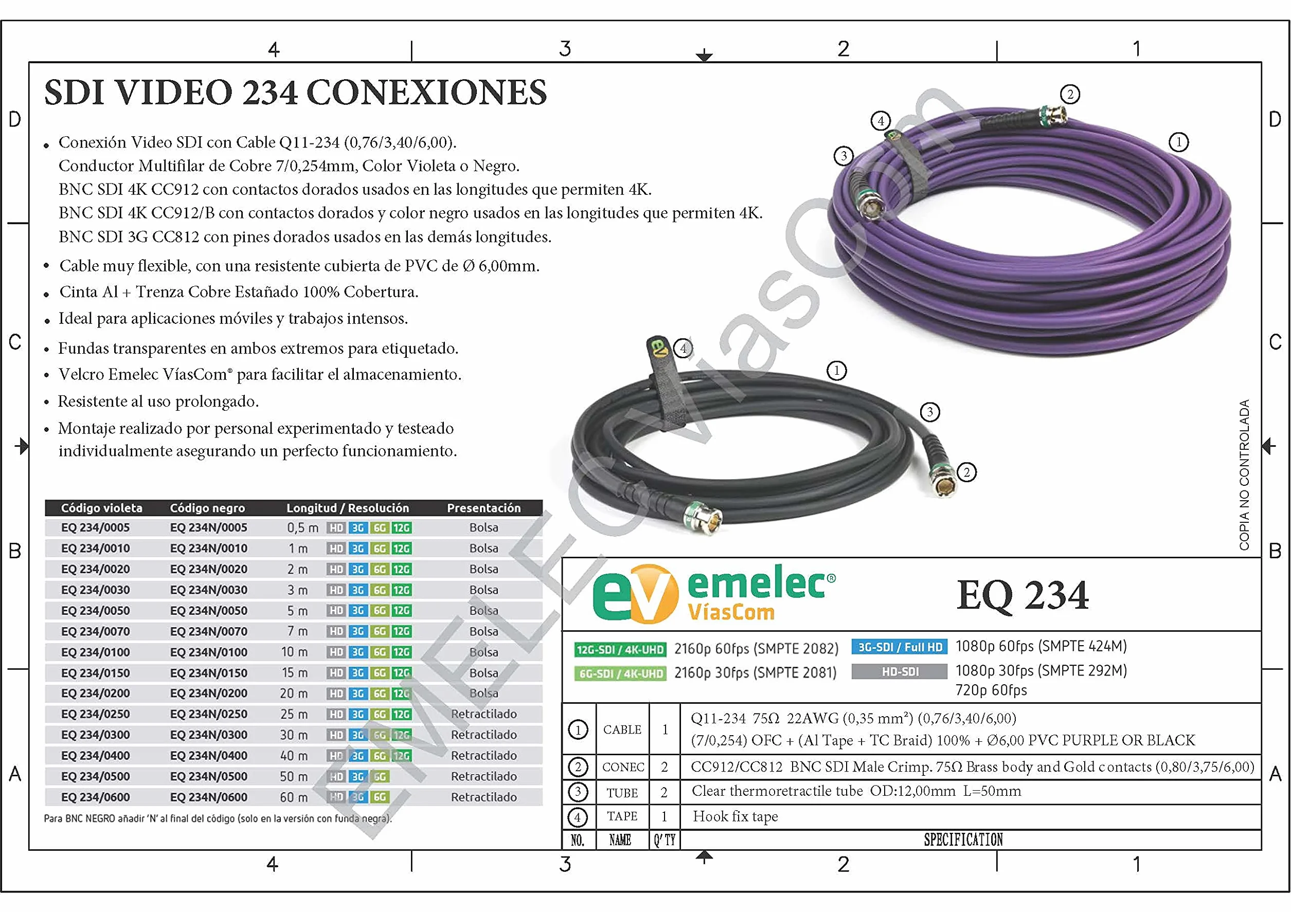 Emelec VíasCom EQ234/0400-40,0 m 4K UHD 12G-SDI połączenie wideo (0,76/3,40/6,00) z BNC 4K-UHD - przewodnik wielorzędowy - fioletowy - elastyczny PVC