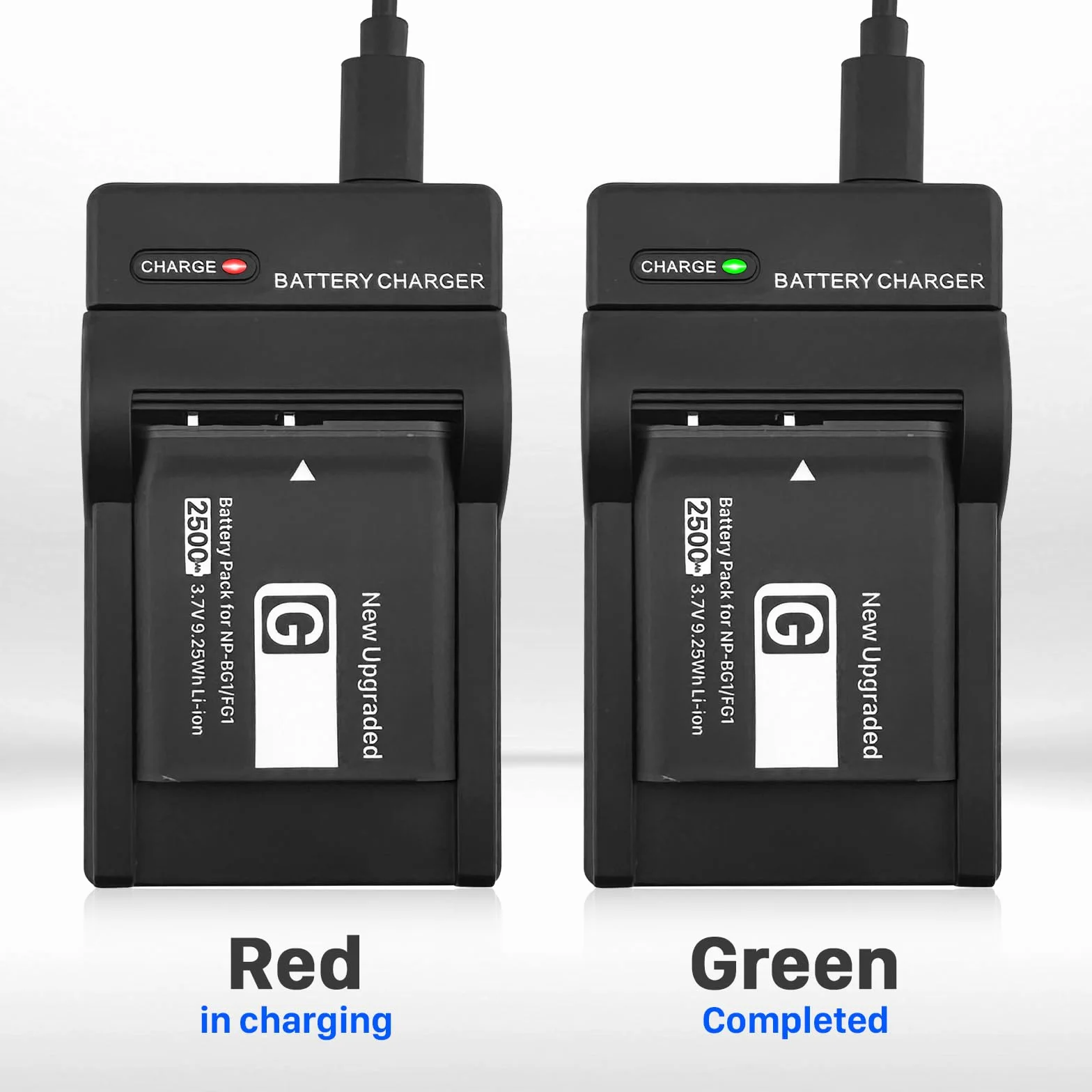 Bateria 2500 mAh (2-pak) i ładowarka USB do Sony NP-BG1 NPFG1 NP-FG1 NPBG1 i do Cyber-Shot DSC-W120 W150 W220 DSC-H3 H7 H9 H10 H20 H50 H55 H70 DSC-HX7V DSC-HX30V DSC-HX9V DSC-HX10V DSC-HX5V