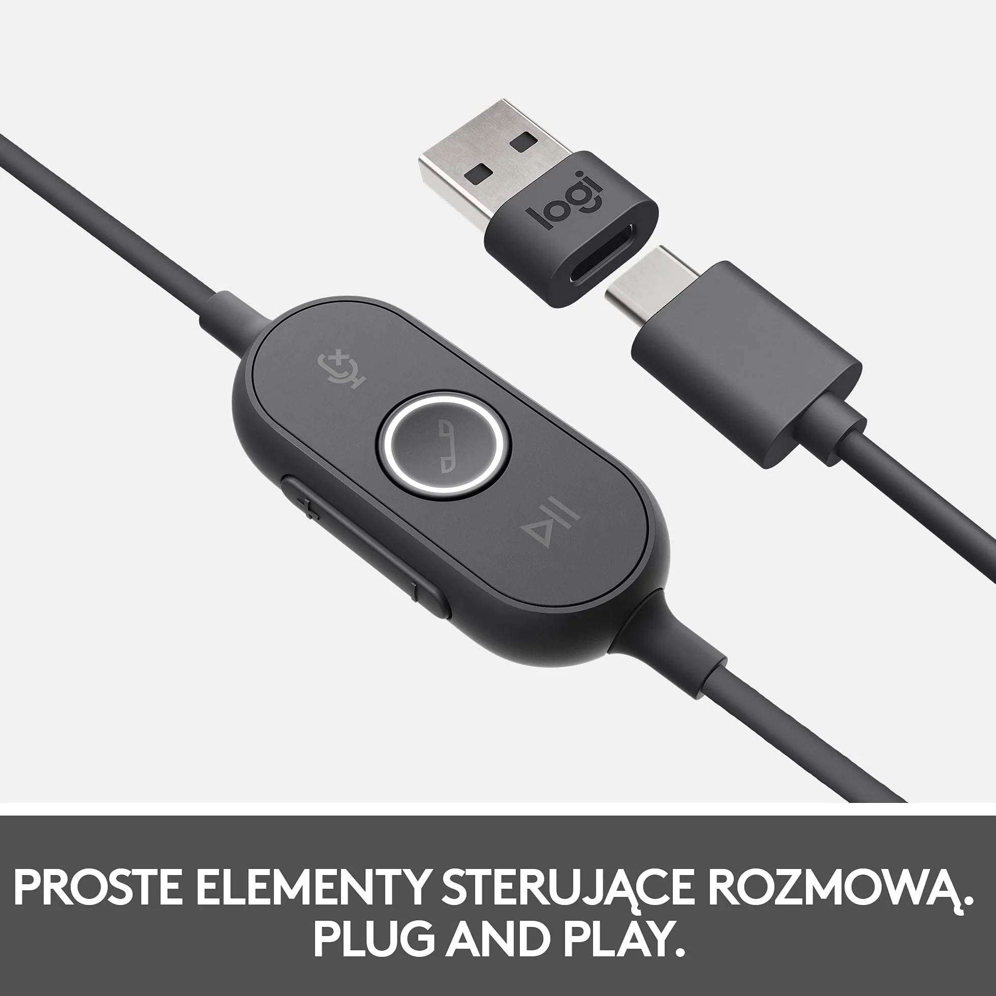 Logitech Zone 750 Przewodowy zestaw słuchawkowy z mikrofonem | Z redukcją hałasu, złączem USB-C i adapterem USB-A, kompatybilność typu plug-and-play dla wszystkich urządzeń - Szary
