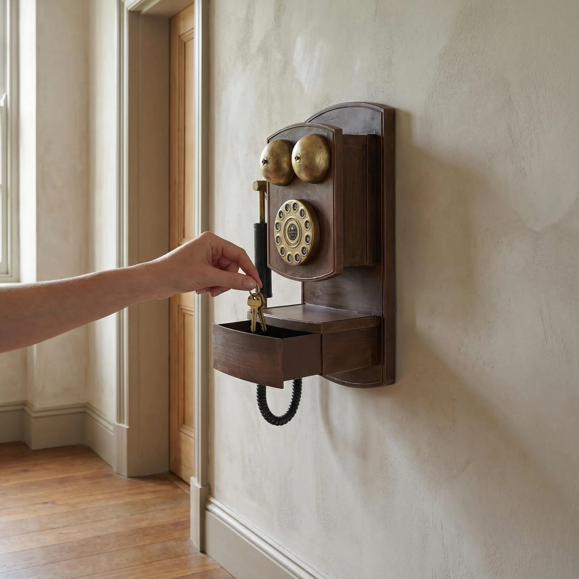 Dekoracja ścienna telefonu w stylu vintage z obrotową tarczą - antyczna ozdoba na telefon stacjonarny do domu, biura lub retro budki - klasyczny rekwizyt kolekcjonerski