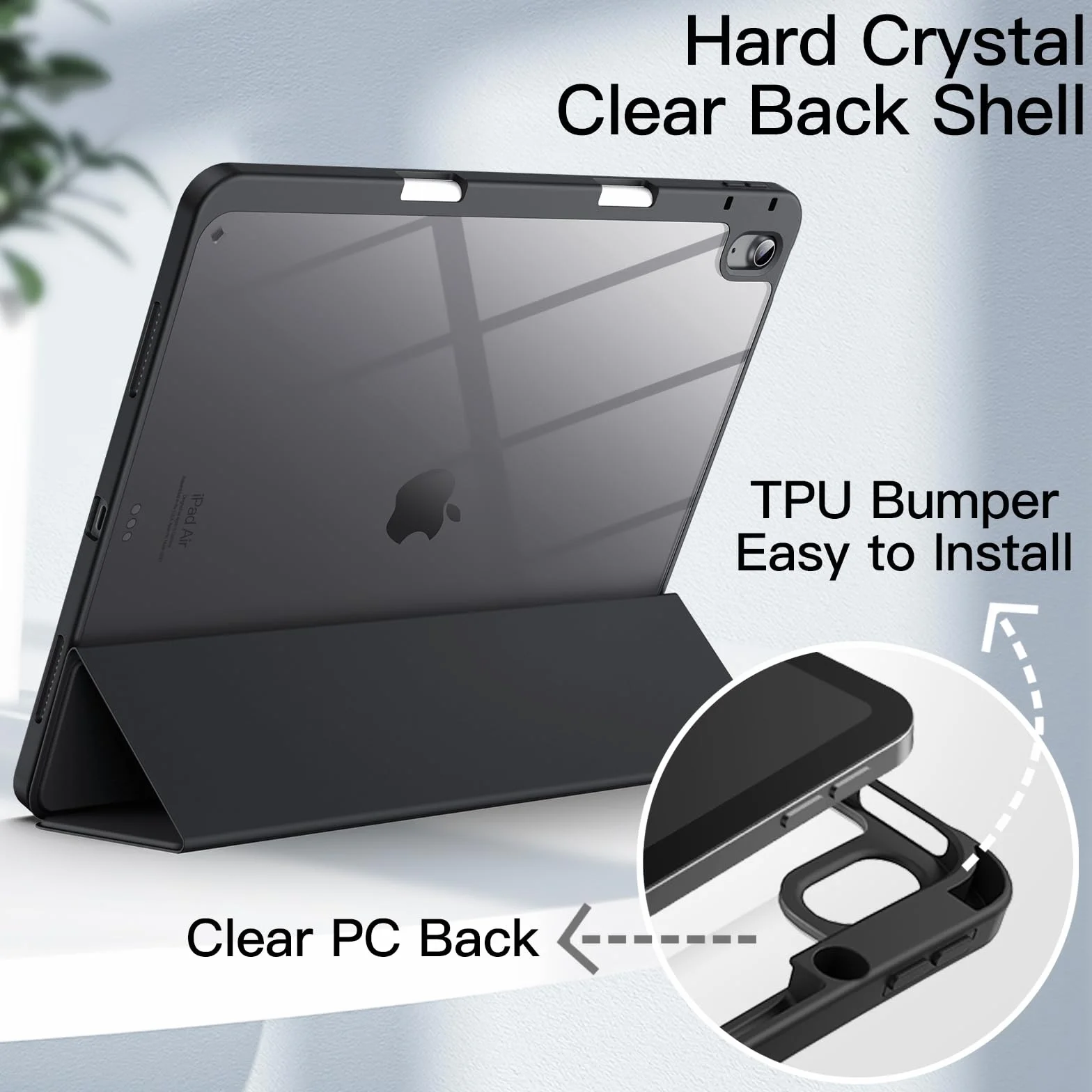 JETech Etui dla iPad Air 13 Cala M4/M3/M2 (2026/2025/2024) z Pencil Uchwyt, Przejaśniać Przezroczyste Tylna Skorupa Smukłą Podstawkę Odporny na Wstrząsy Osłoną Tabletu (Czarny)