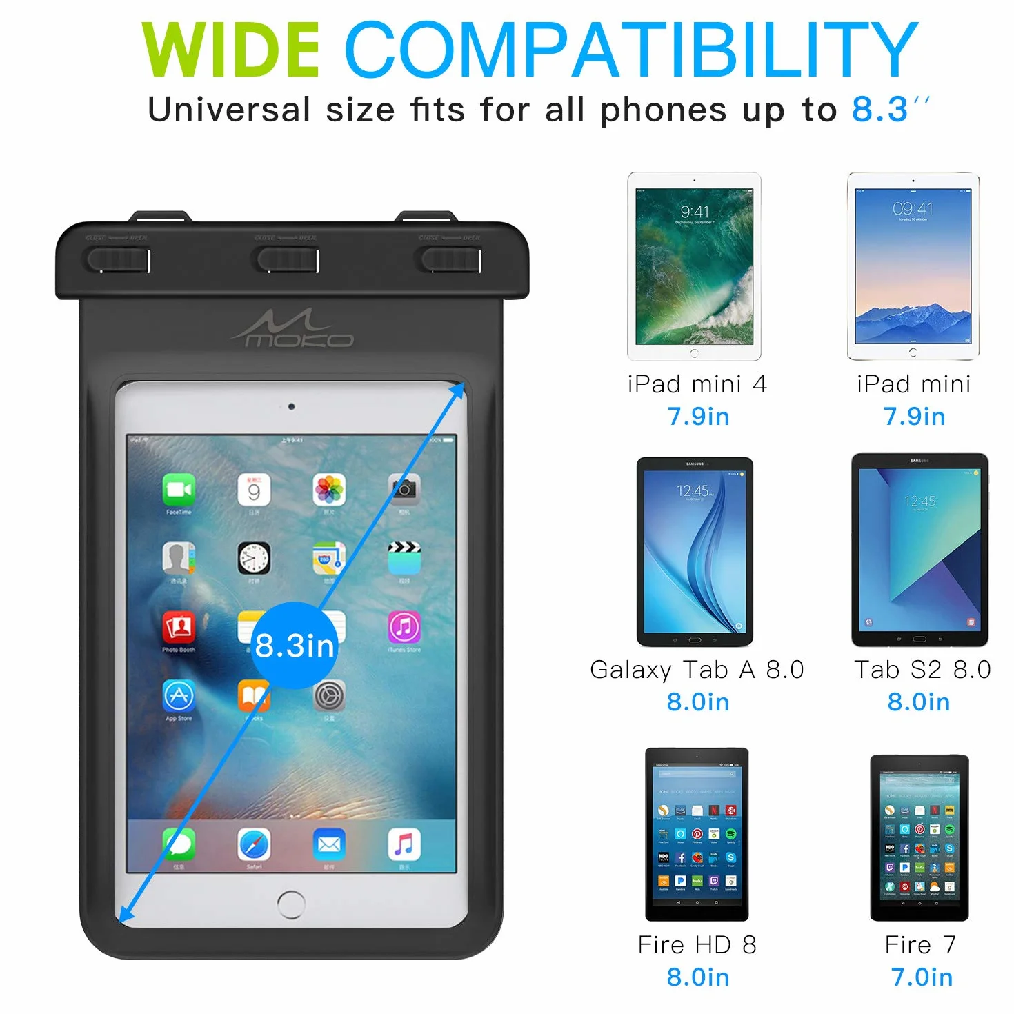 Universal Waterproof Case, MoKo Dry Bag Pouch for iPad Mini 6 2021, iPad mini 5/4/3/2/1, Galaxy Tab A 8.0/8.4, Tab A7 Lite 8.7, Tab E 8.0, HUAWEI MatePad M5/T8 & Other Tablets up to 8.3", BLACK