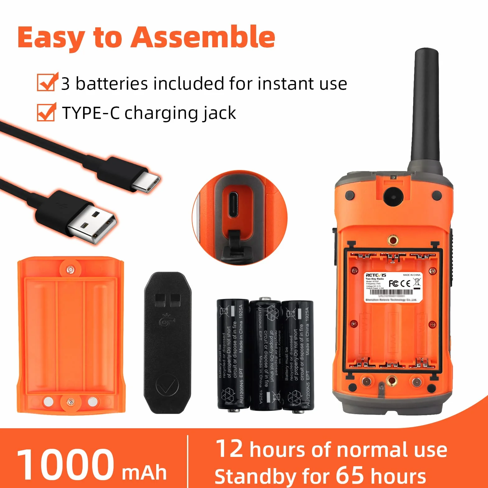 Retevis RT45P Walkie Talkie, Wodoodporność IP67, Bezpłatna Licencja Pmr446, Z Akumulatorem Aa Do Jazdy Na Nartach Dla Dorosłych Zajęcia Na Świeżym Powietrzu, Ratować, Nagły Wypadek (2Sztuki)