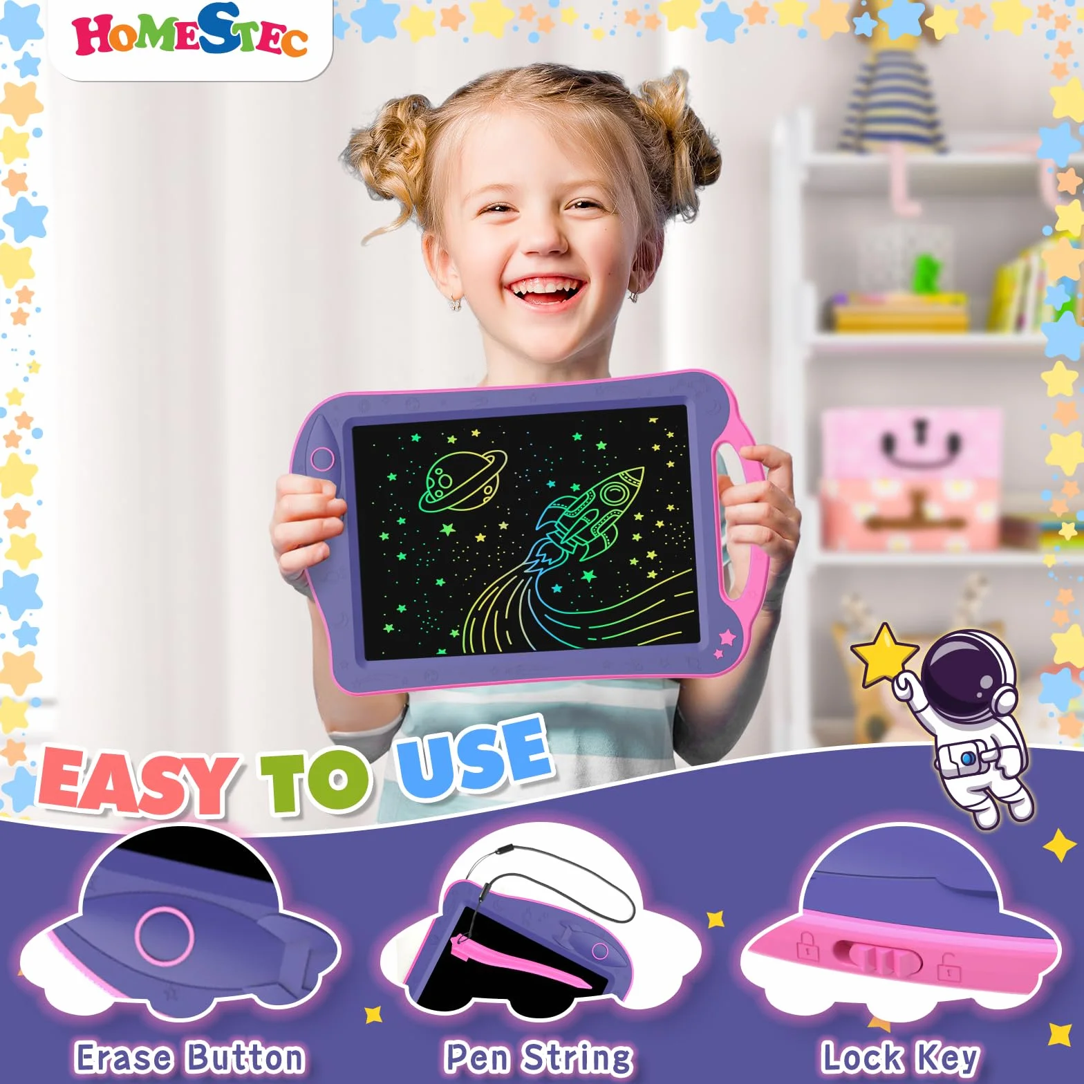 HOMESTEC AstroDraw Zabawki dla dziewczynek w wieku 2, 3, 4, 5, 6 lat, prezent, kolorowa podkładka do rysowania z przenośnym uchwytem, tablet do pisania LCD dla dzieci, zabawki podróżne, edukacyjne,