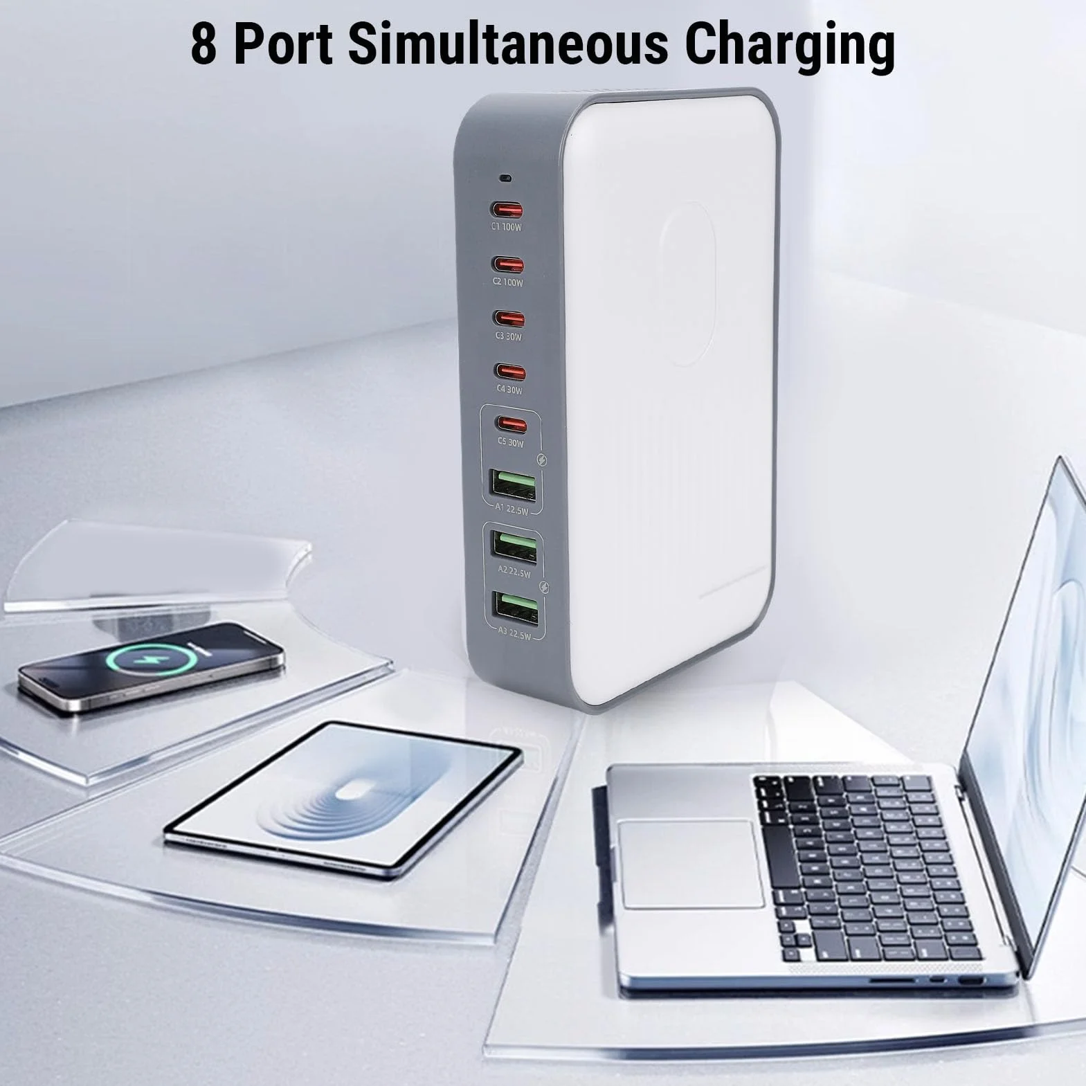 Sxhlseller 8-portowa Stacja ładująca USB z Szybkim ładowaniem PD 100 W |Podwójne ładowanie Laptopa, 200 W, Stabilna Podstawa W Kształcie Litery U do Telefonów, Tabletów i Nie Tylko (wtyczka UE)