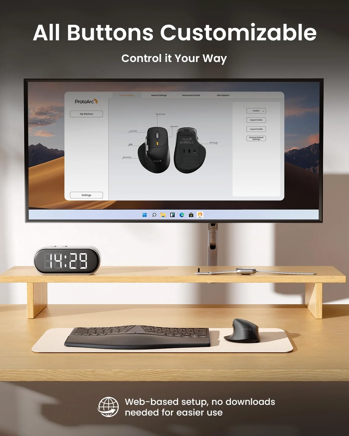 ProtoArc EM25 Ergonomiczna mysz z szybkim przewijaniem, bezprzewodowa 2,4 G + 2 x mysz komputerowa Bluetooth, przewijanie kciukiem, niestandardowy przycisk, akumulatorowa, 8K DPI, do Windows/Mac