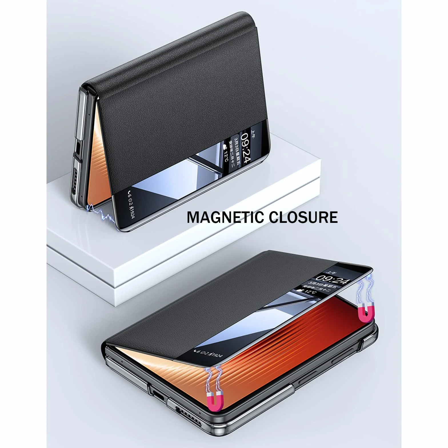 Etui z prawdziwej skóry do Huawei Pura X Max, z okienkiem Clear View, etui na telefon komórkowy, obrotowe, ochrona całego ciała, etui z klapką, niebieskie, Pura X Max