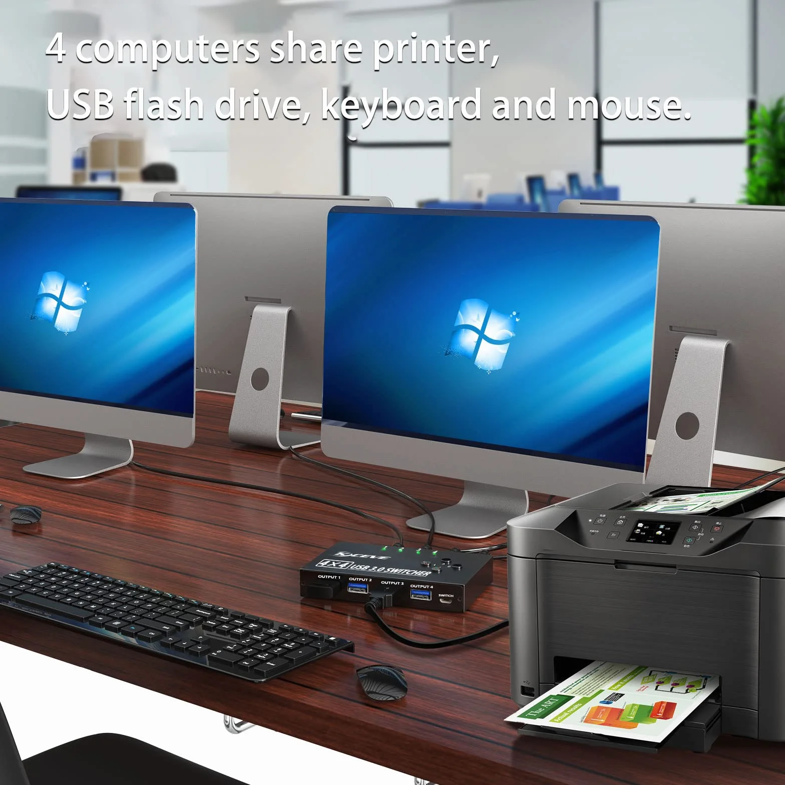Selektor Przełącznika USB 3.0 4 Porty, MLEEDA Przełącznik KVM 4 Komputery Udostępniające 4 Urządzenia USB, do Skanera Drukarki Klawiatury i Myszy, Przewodowym Przyciskiem Zdalnego i 4 Kablami USB 3.0